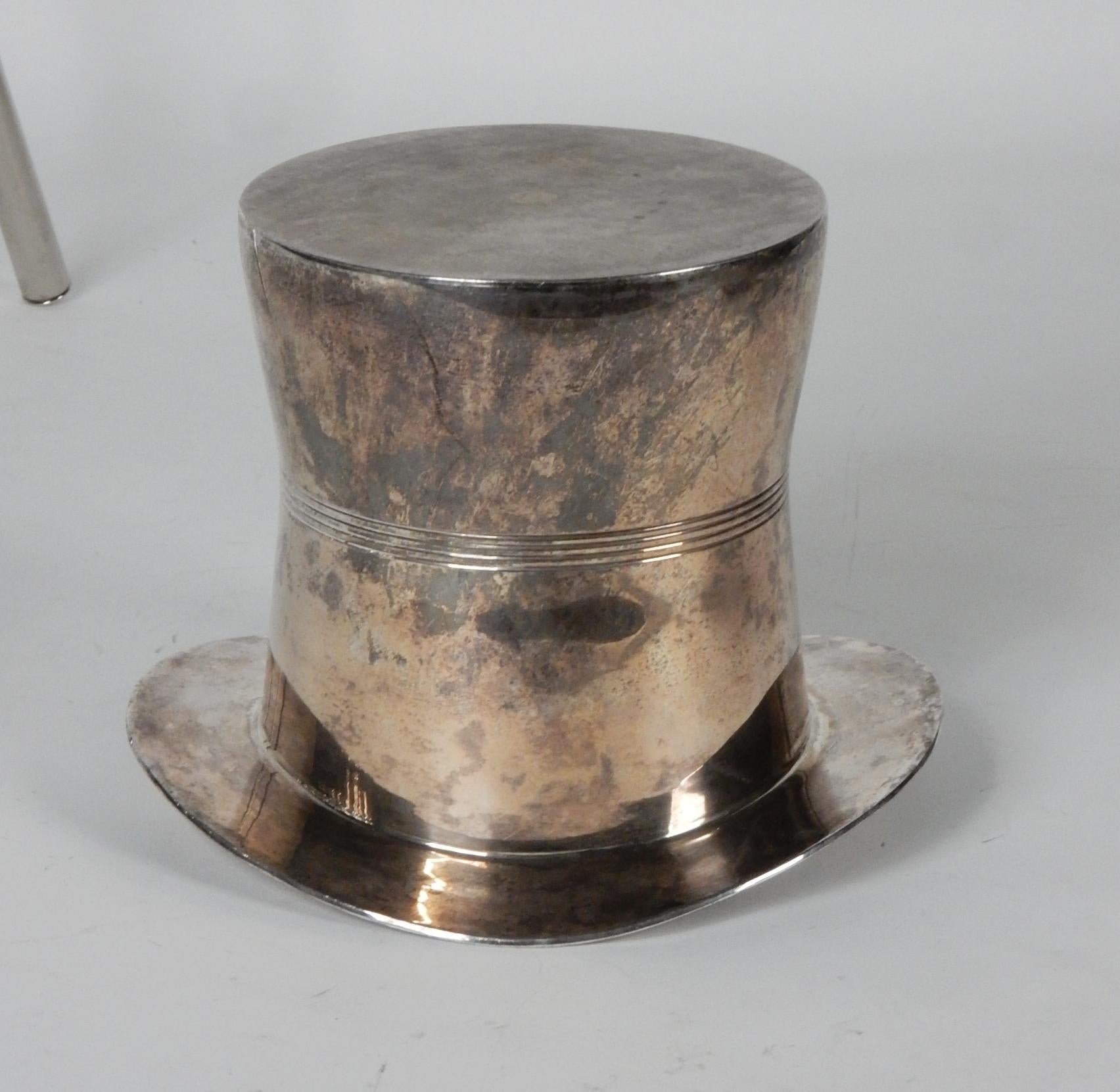 Late 20th Century Art Deco Style Silvered Top Hat Champagne Ice Bucket with Walking Cane Stand