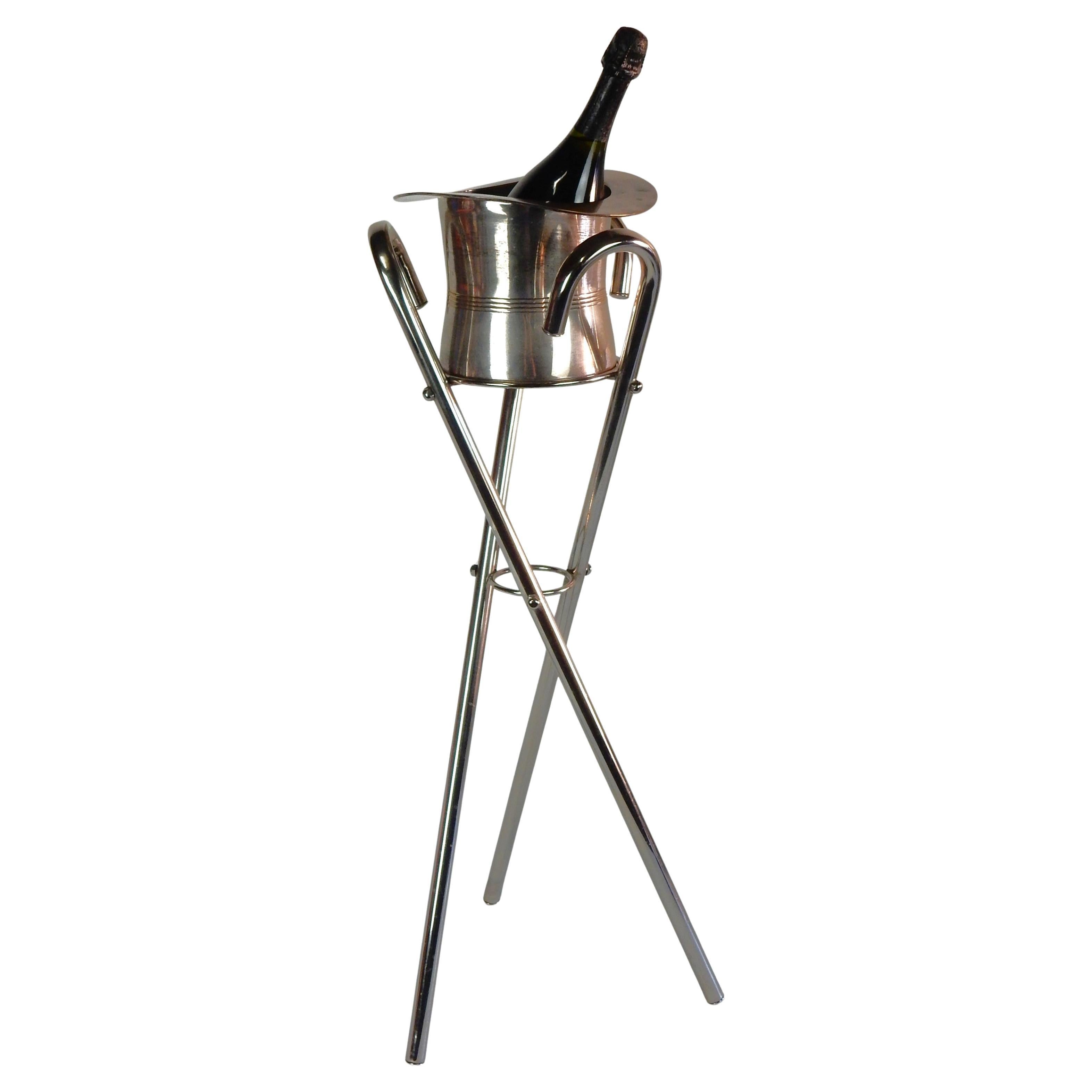 Art Deco Style Silvered Top Hat Champagne Ice Bucket with Walking Cane Stand For Sale 1
