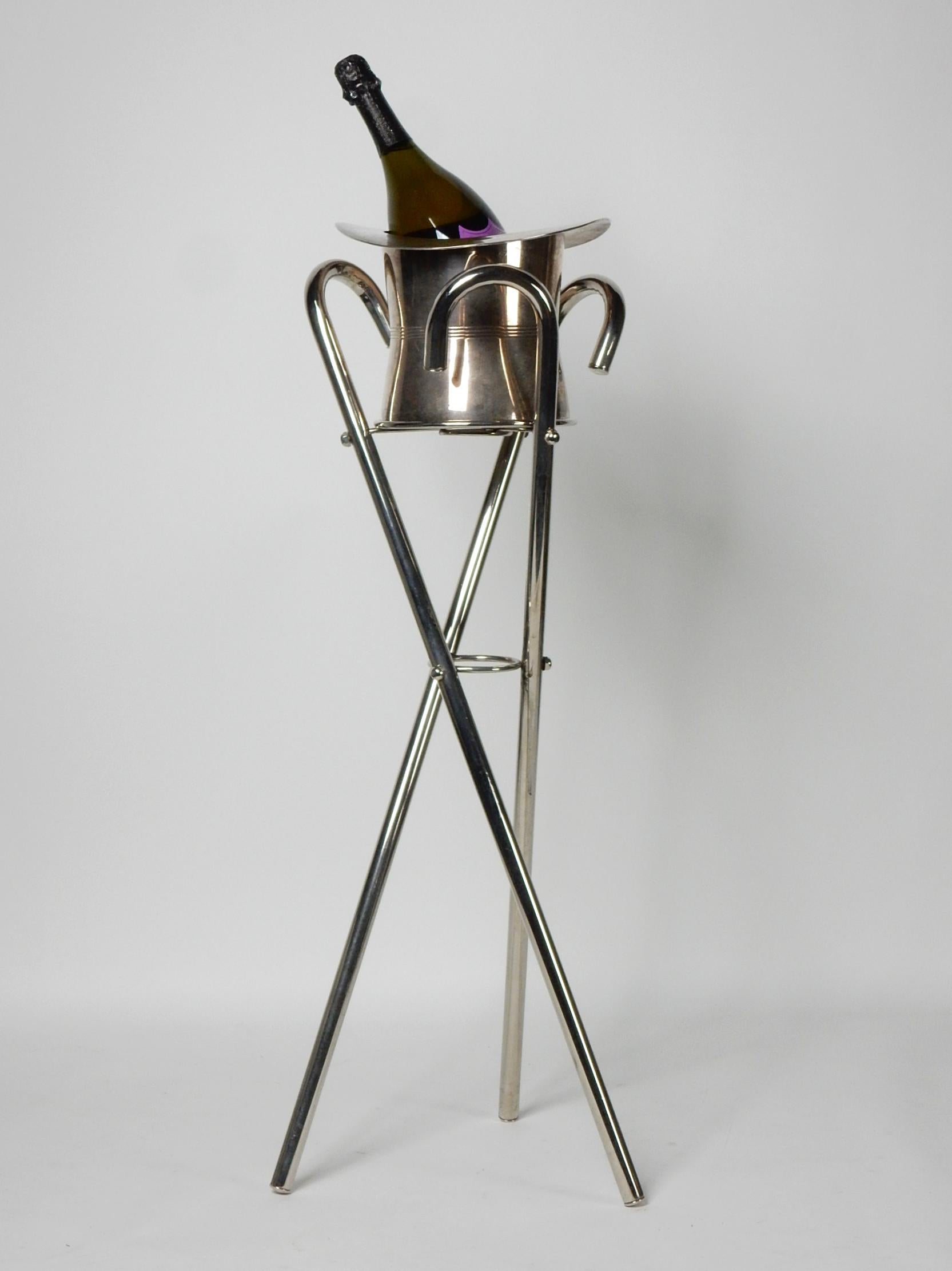 Brass Art Deco Style Silvered Top Hat Champagne Ice Bucket with Walking Cane Stand