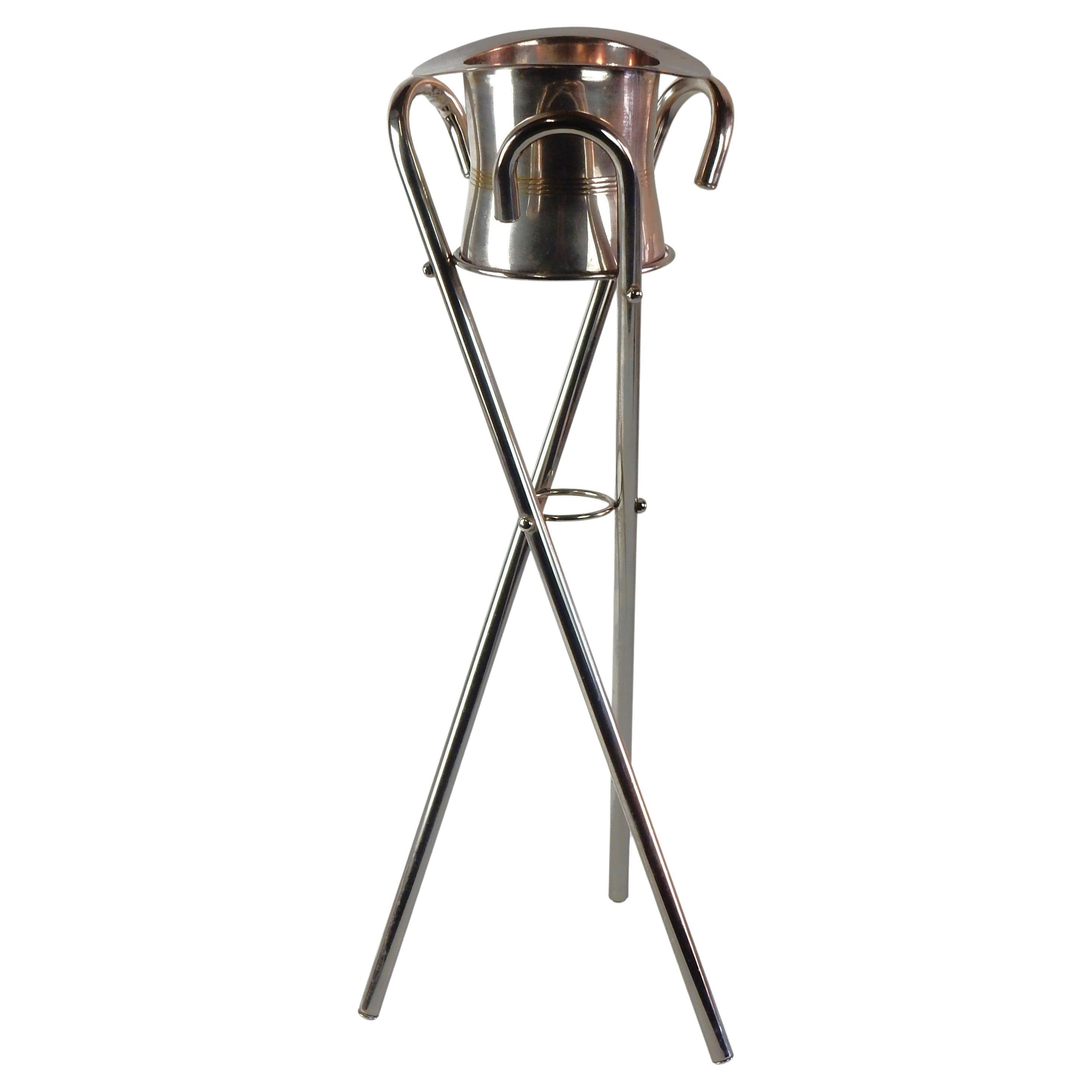 Art Deco Style Silvered Top Hat Champagne Ice Bucket with Walking Cane Stand For Sale 3