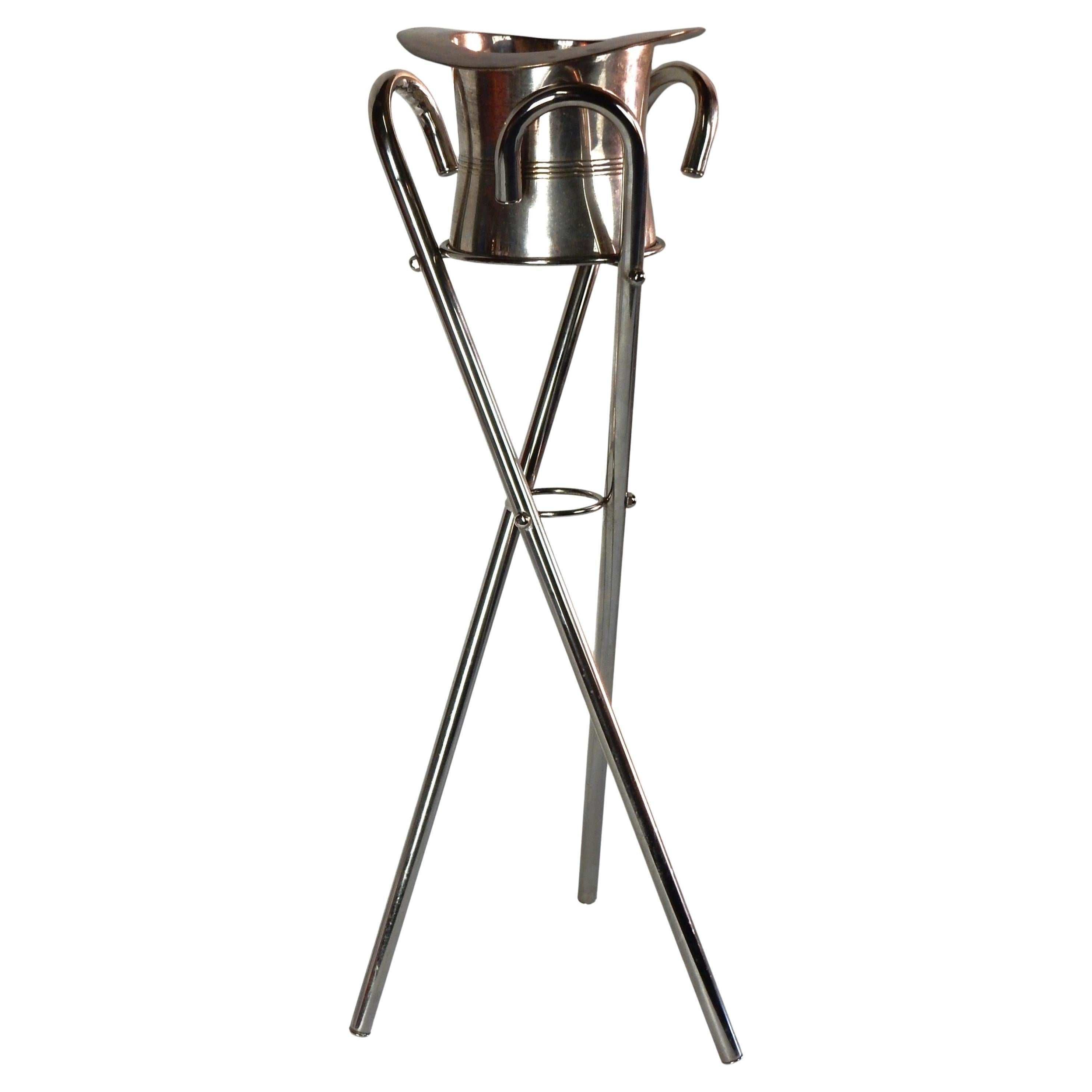 Art Deco Style Silvered Top Hat Champagne Ice Bucket with Walking Cane Stand For Sale