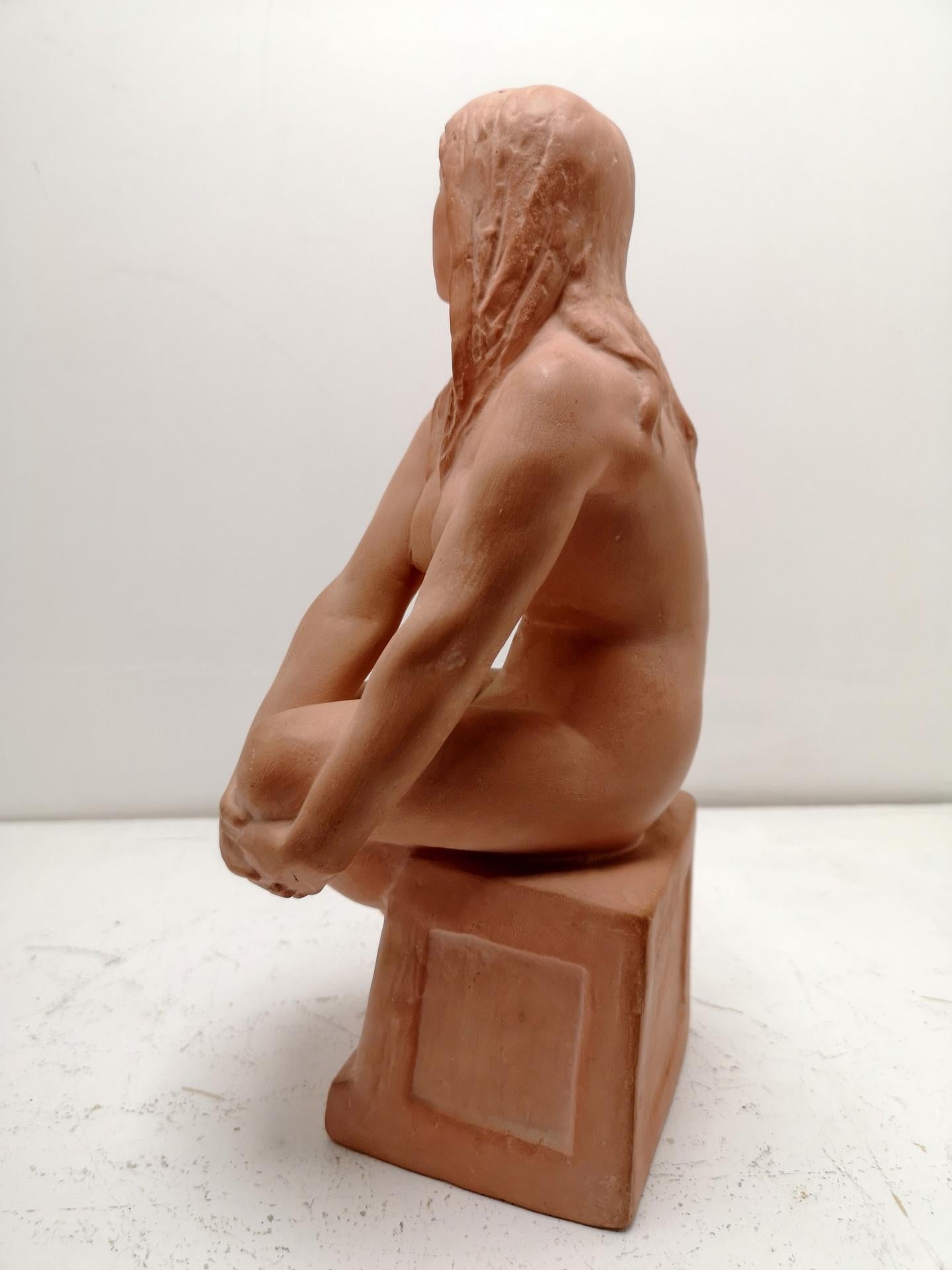 Art Deco Style Sitting Nude Terracotta Sculpture, by Sculptist Kelemen, 1973 For Sale 6