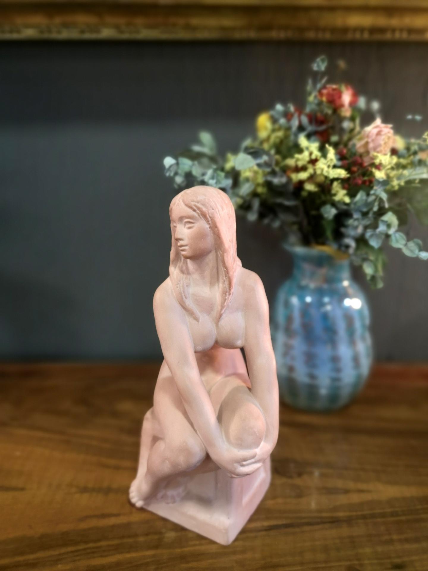Lovely details on this terracotta nude of a woman, in Art Deco style. The sitting nude is by sculptist Kelemen, signed 1973.