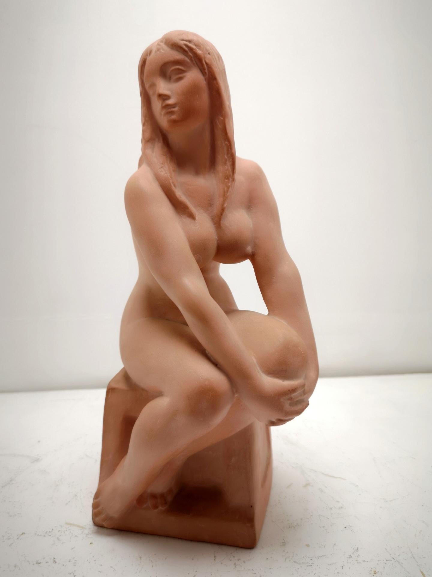 Late 20th Century Art Deco Style Sitting Nude Terracotta Sculpture, by Sculptist Kelemen, 1973 For Sale