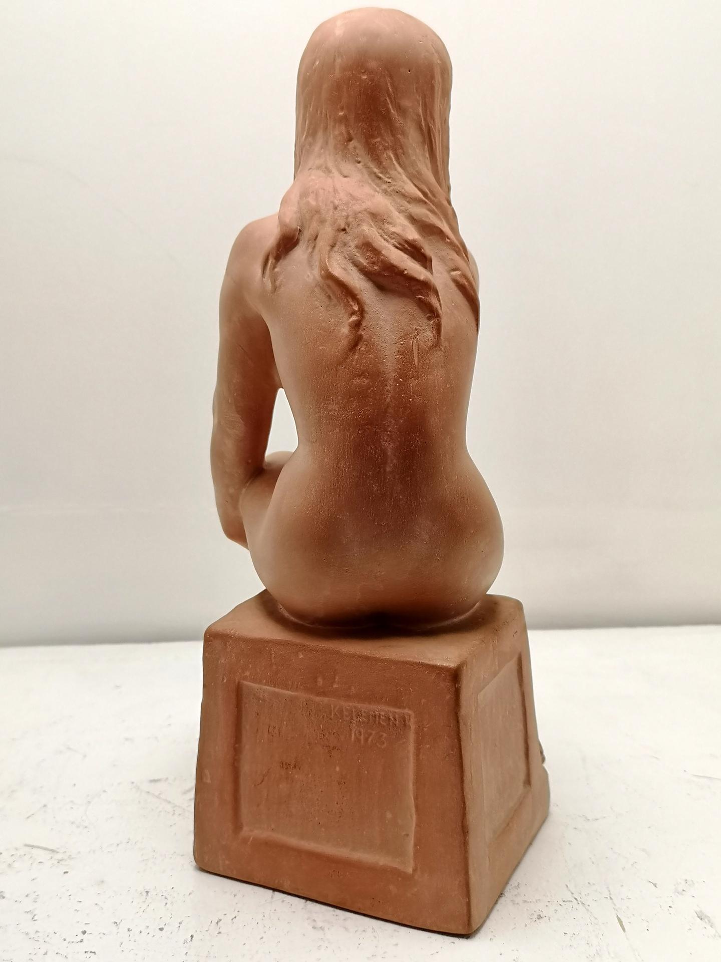 Art Deco Style Sitting Nude Terracotta Sculpture, by Sculptist Kelemen, 1973 For Sale 1