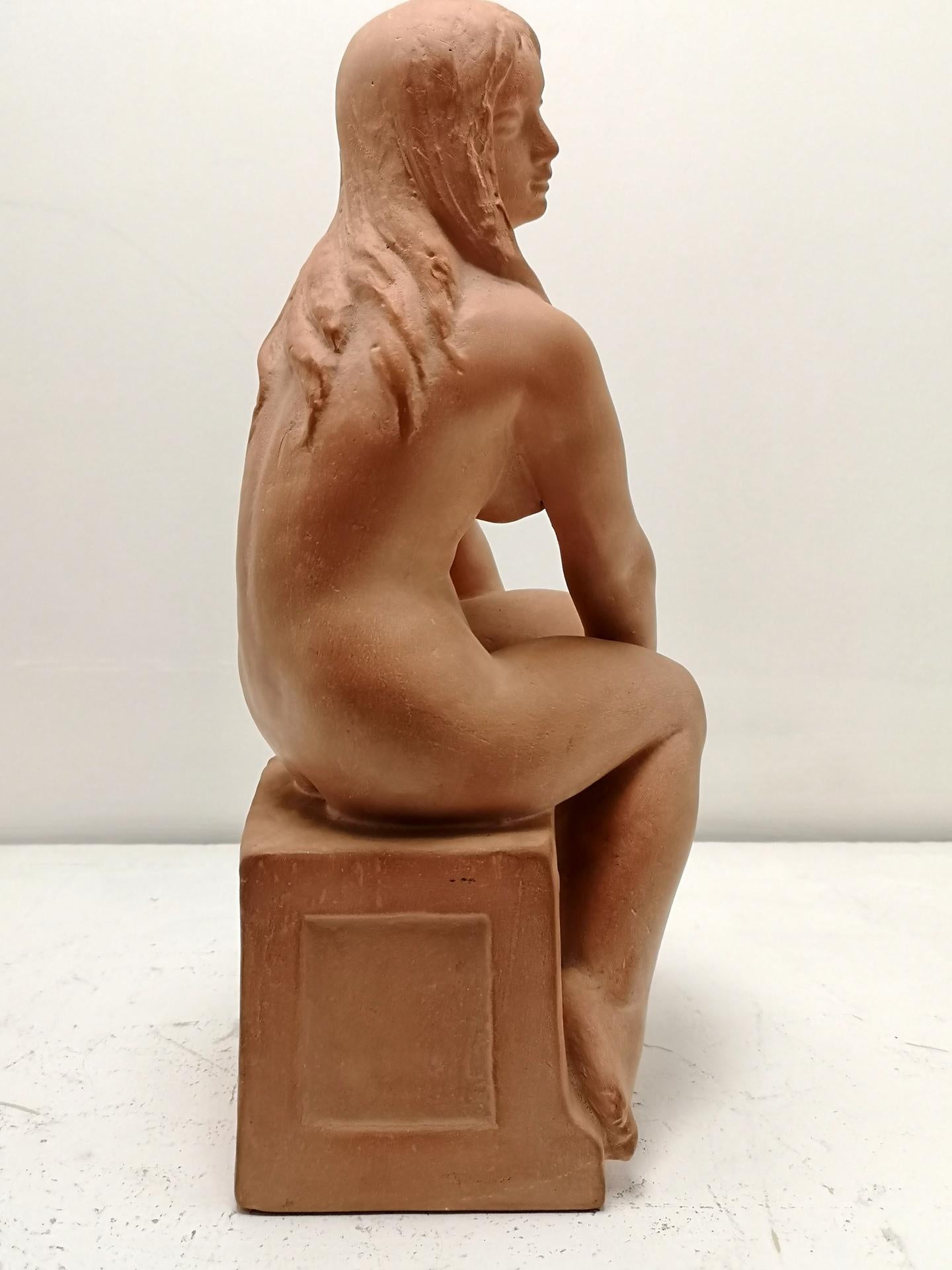 Art Deco Style Sitting Nude Terracotta Sculpture, by Sculptist Kelemen, 1973 For Sale 2
