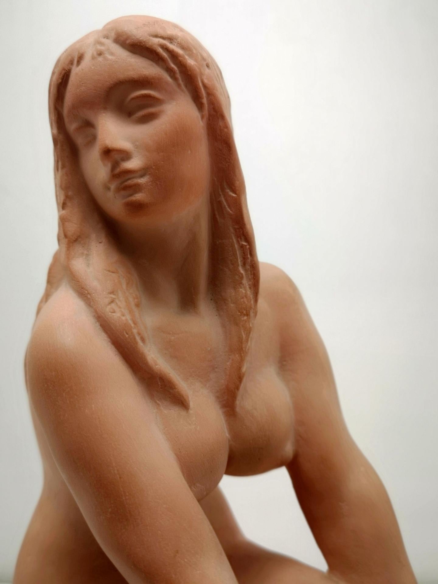 Art Deco Style Sitting Nude Terracotta Sculpture, by Sculptist Kelemen, 1973 For Sale 3