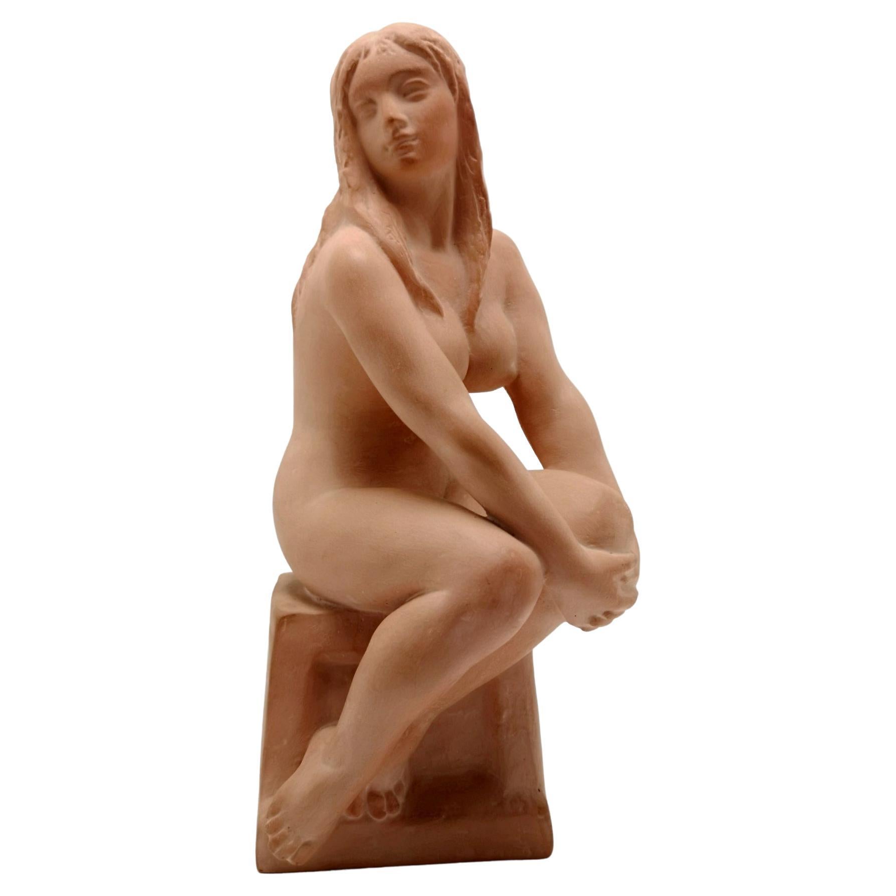 Art Deco Style Sitting Nude Terracotta Sculpture, by Sculptist Kelemen, 1973 For Sale