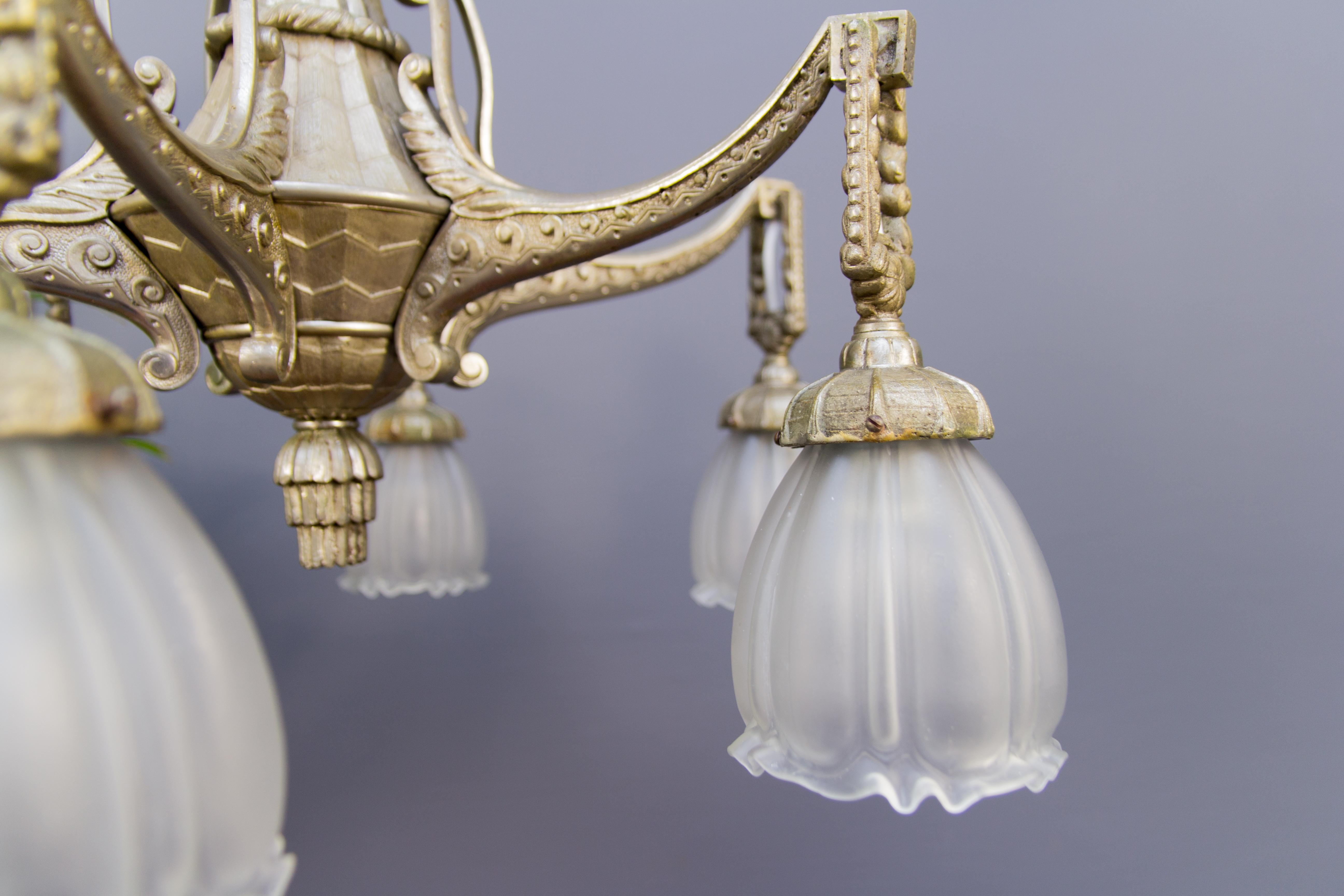 Art Deco Style Six-Light Bronze and Frosted Glass Chandelier, 1920s 5