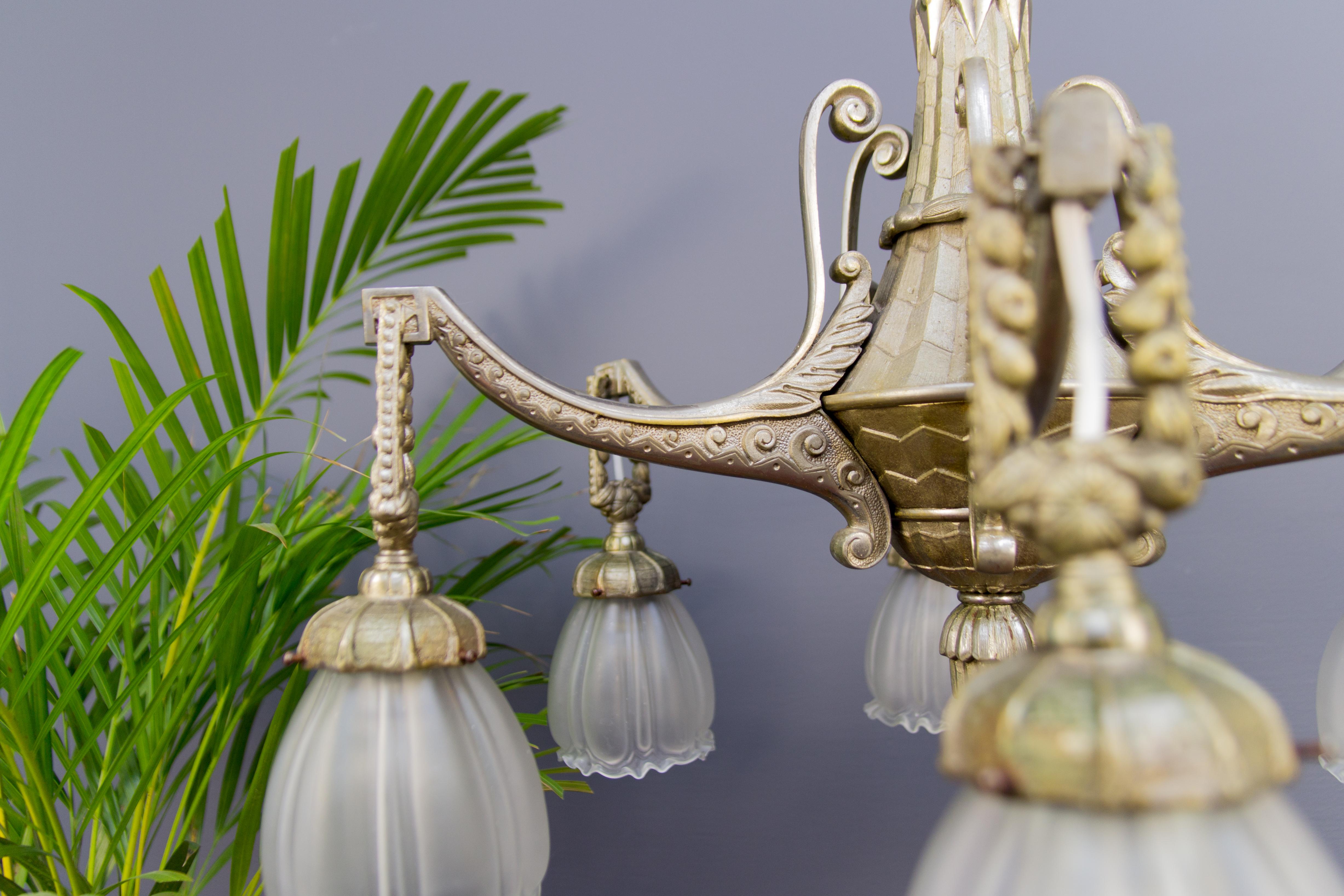 Art Deco Style Six-Light Bronze and Frosted Glass Chandelier, 1920s 6