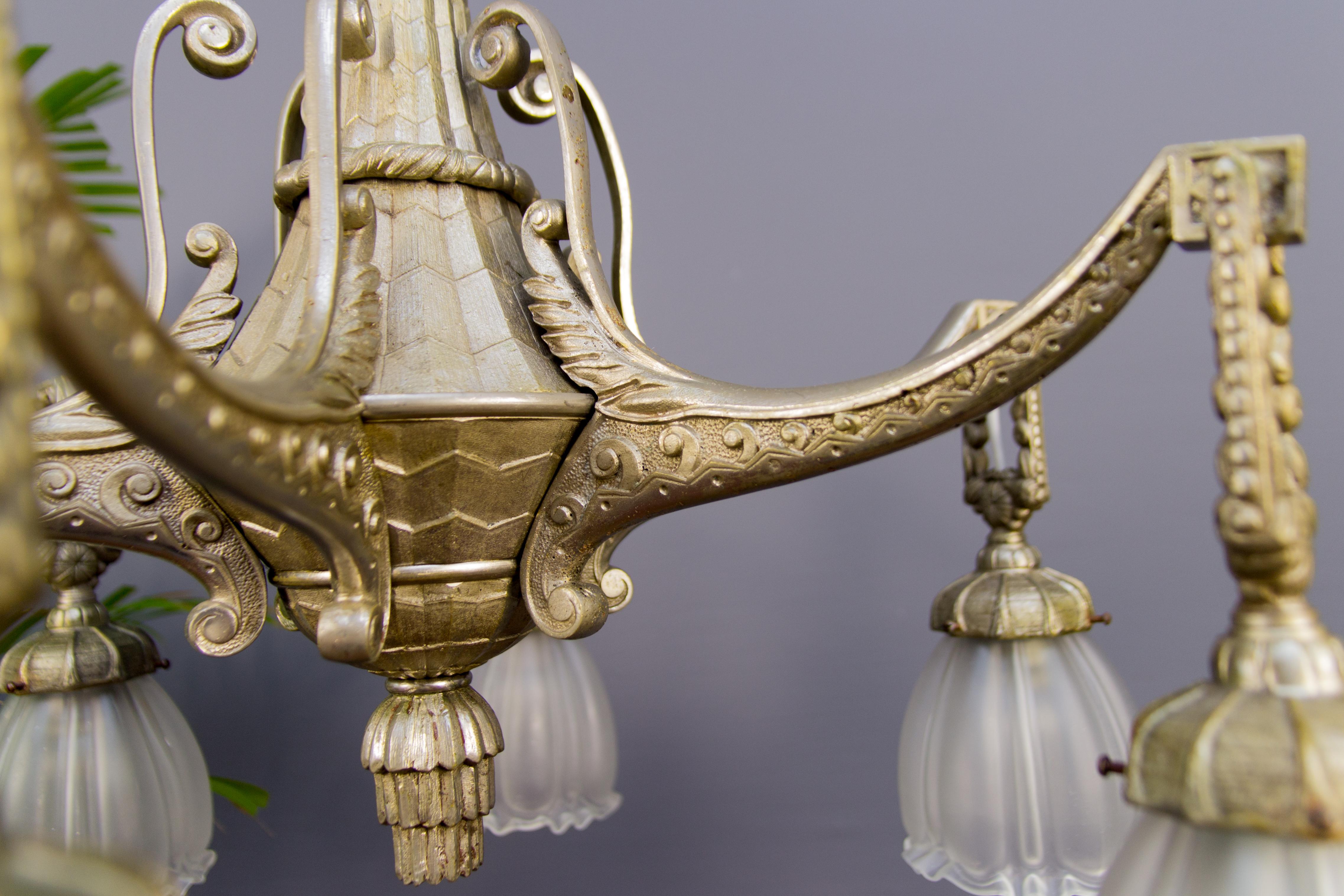 Art Deco Style Six-Light Bronze and Frosted Glass Chandelier, 1920s 7