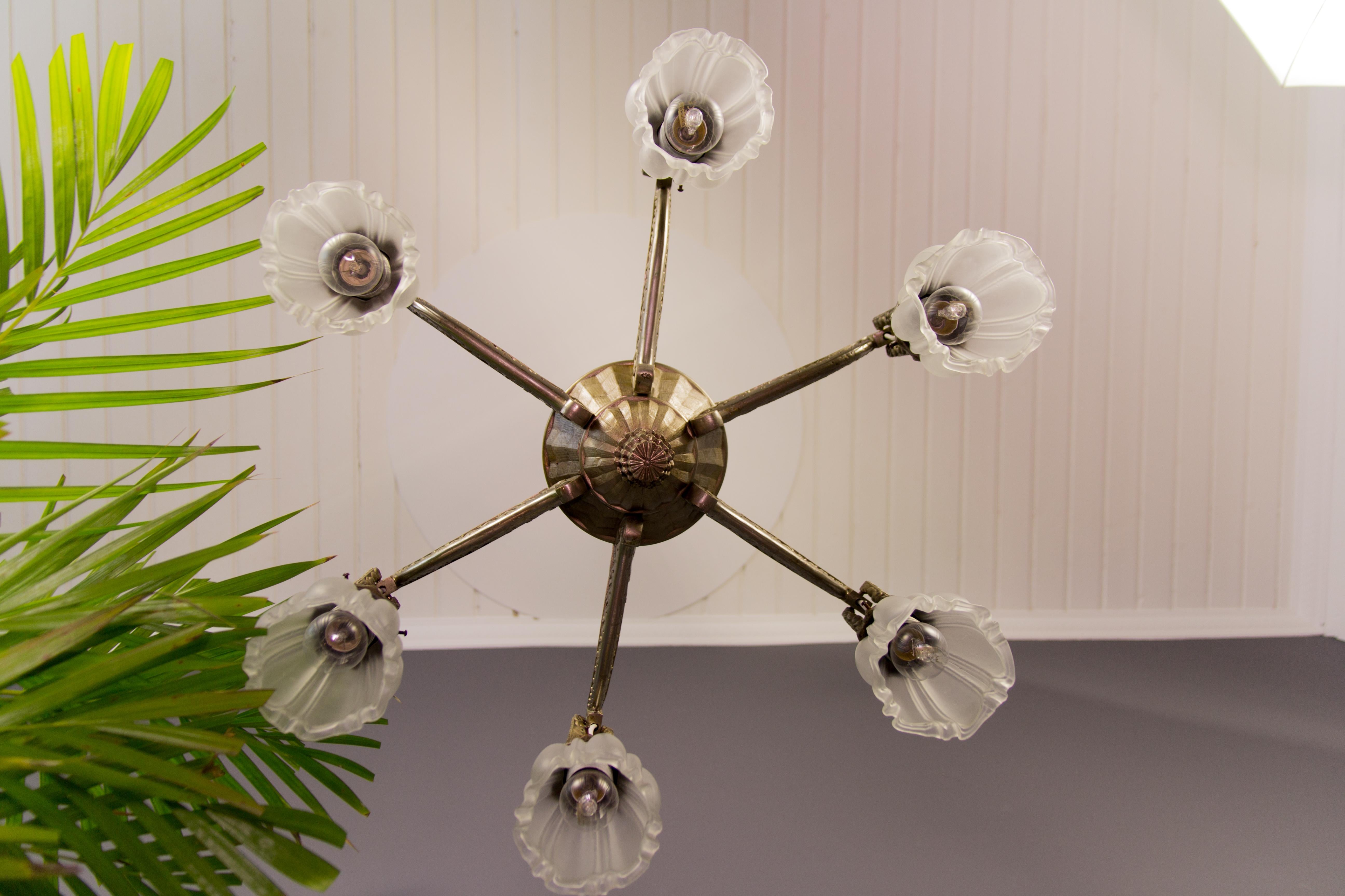 Art Deco Style Six-Light Bronze and Frosted Glass Chandelier, 1920s 8