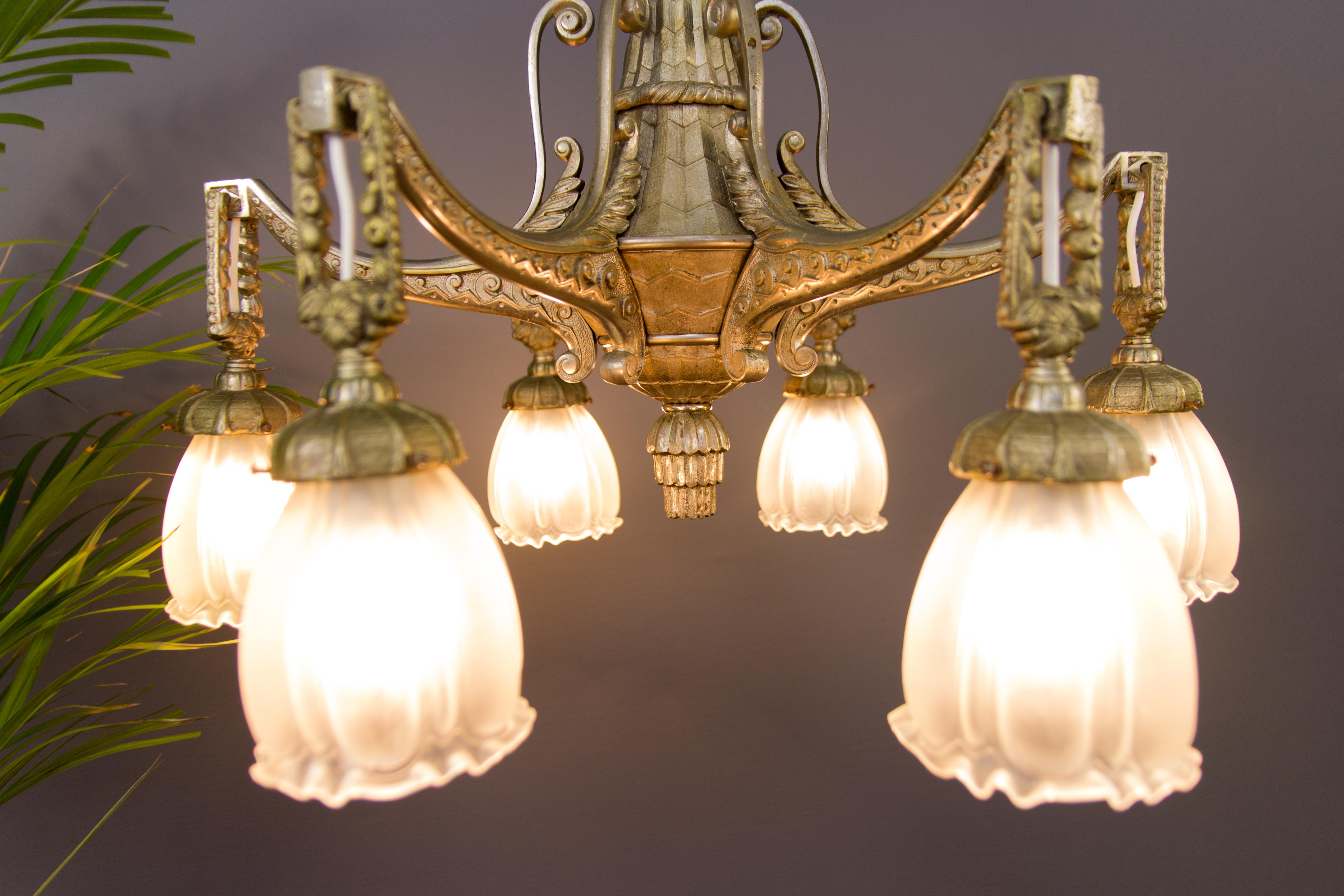 Art Deco Style Six-Light Bronze and Frosted Glass Chandelier, 1920s 9