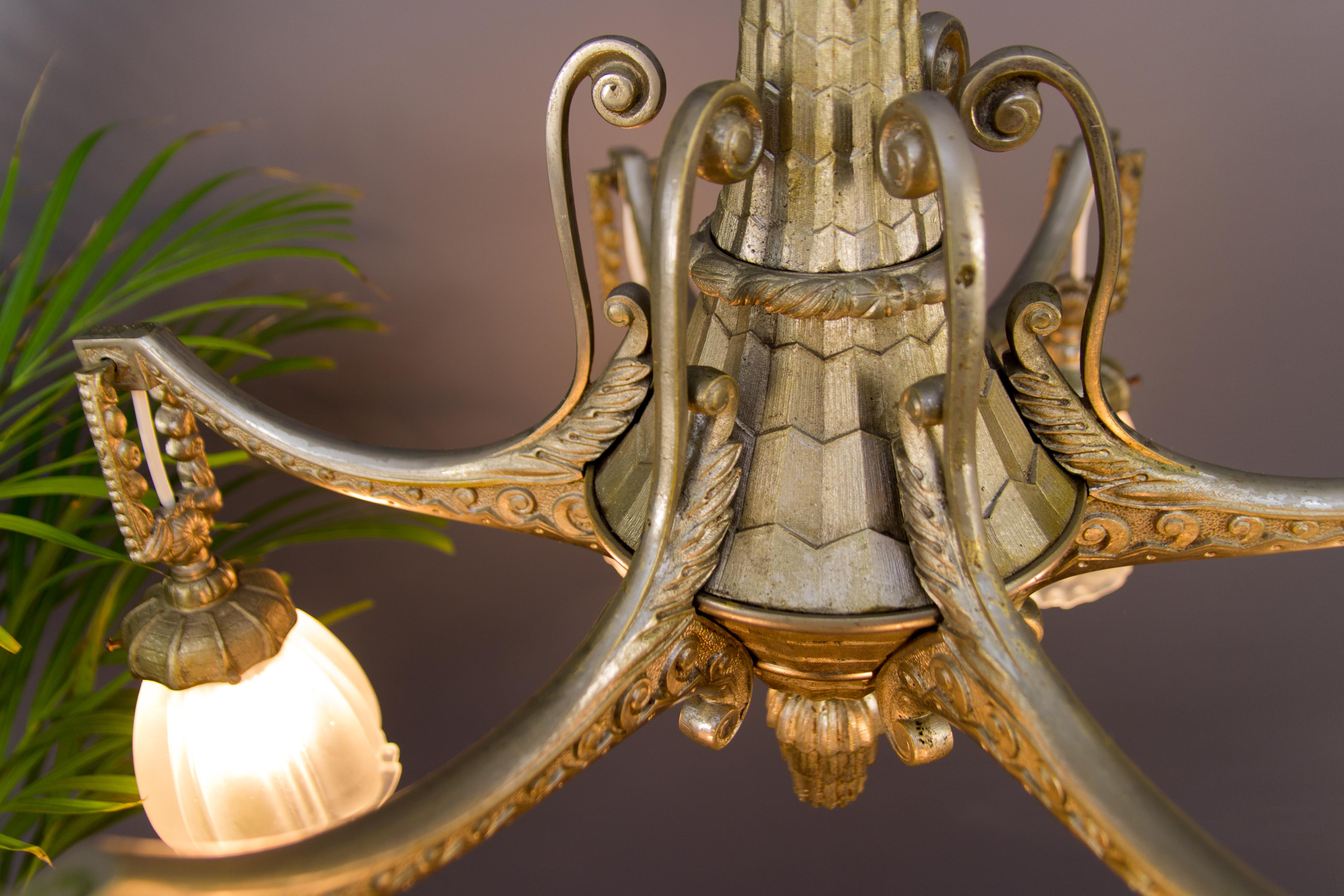 Art Deco Style Six-Light Bronze and Frosted Glass Chandelier, 1920s 10