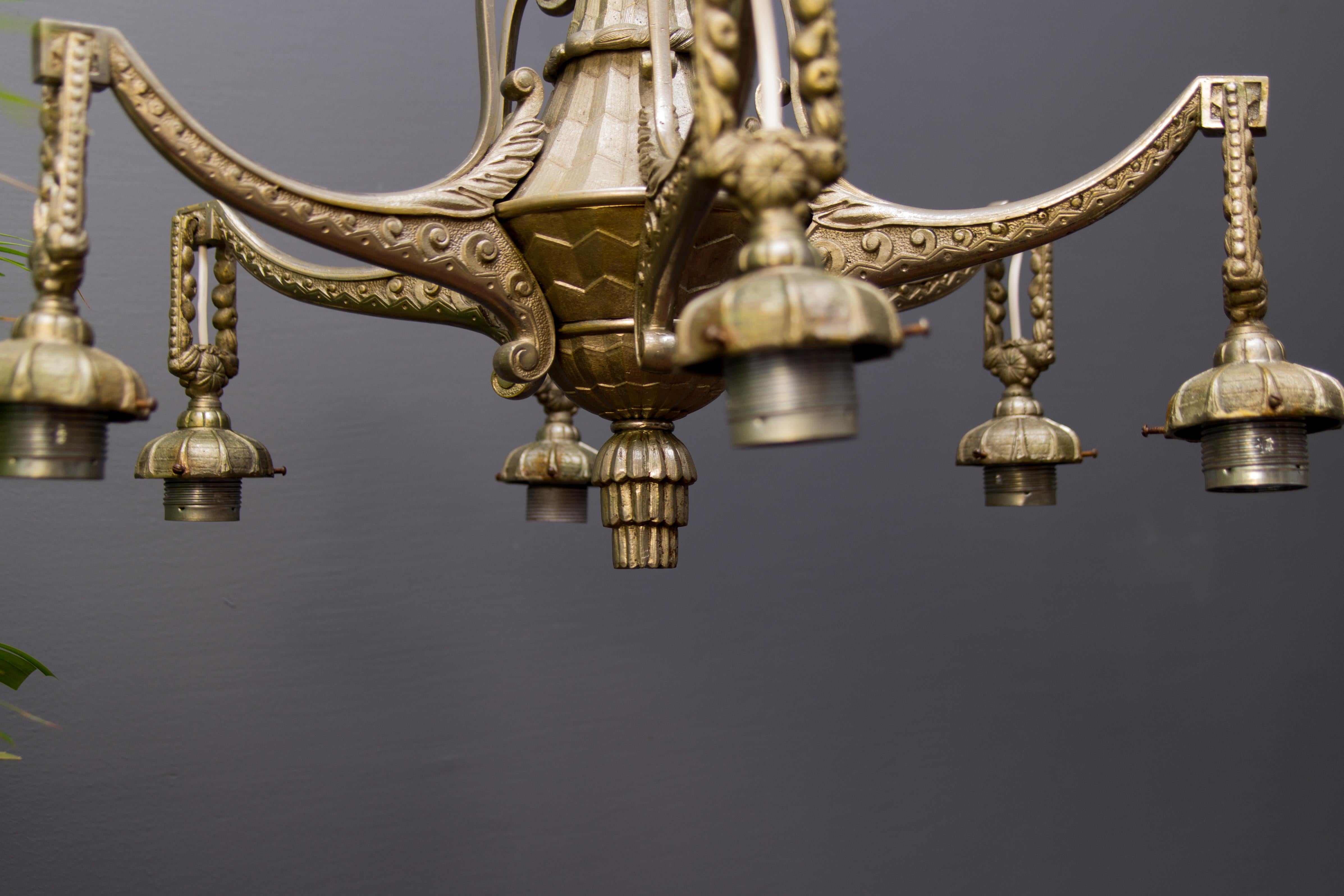 Art Deco Style Six-Light Bronze and Frosted Glass Chandelier, 1920s 11