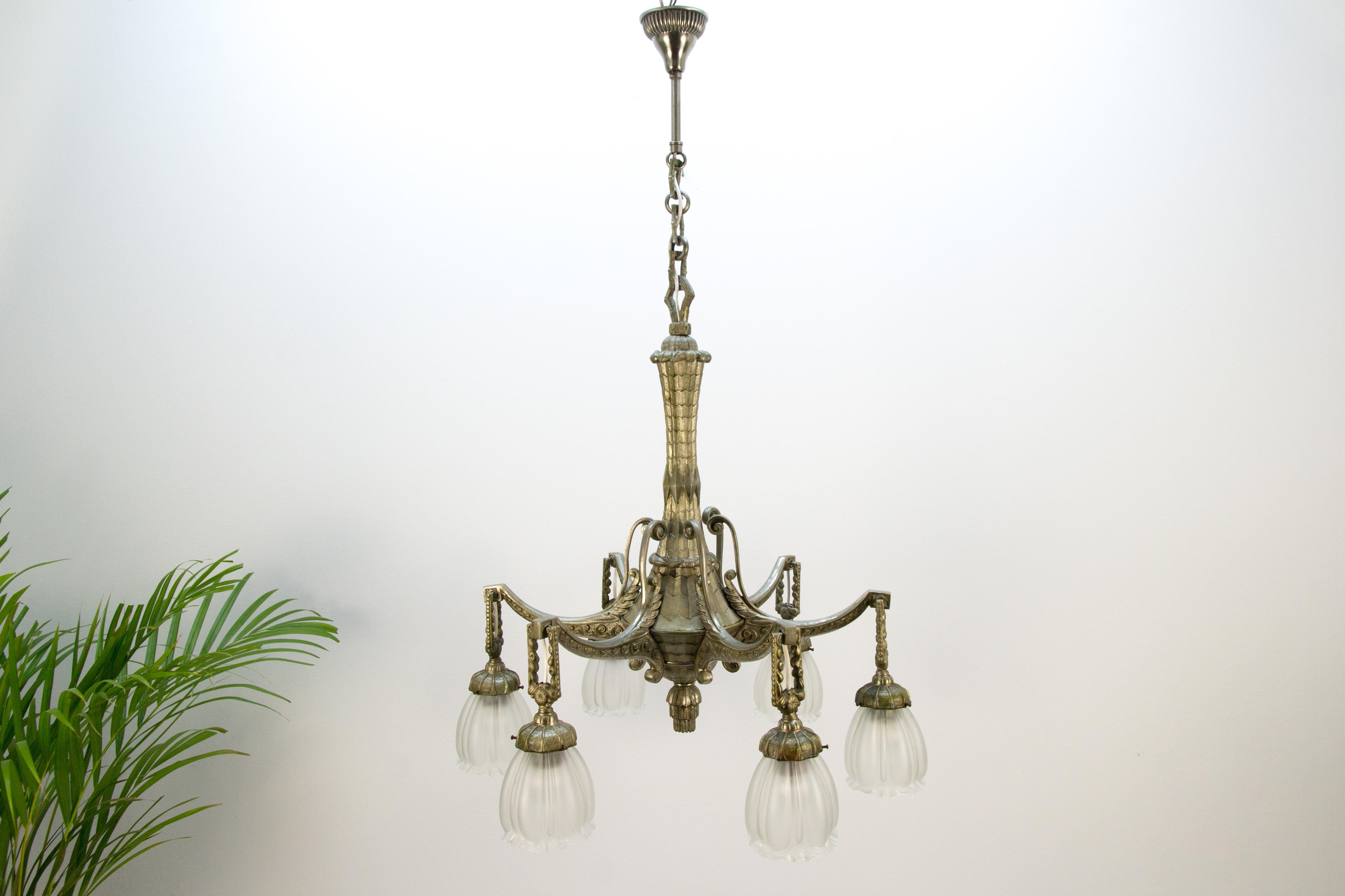 Art Deco Style Six-Light Bronze and Frosted Glass Chandelier, 1920s 14