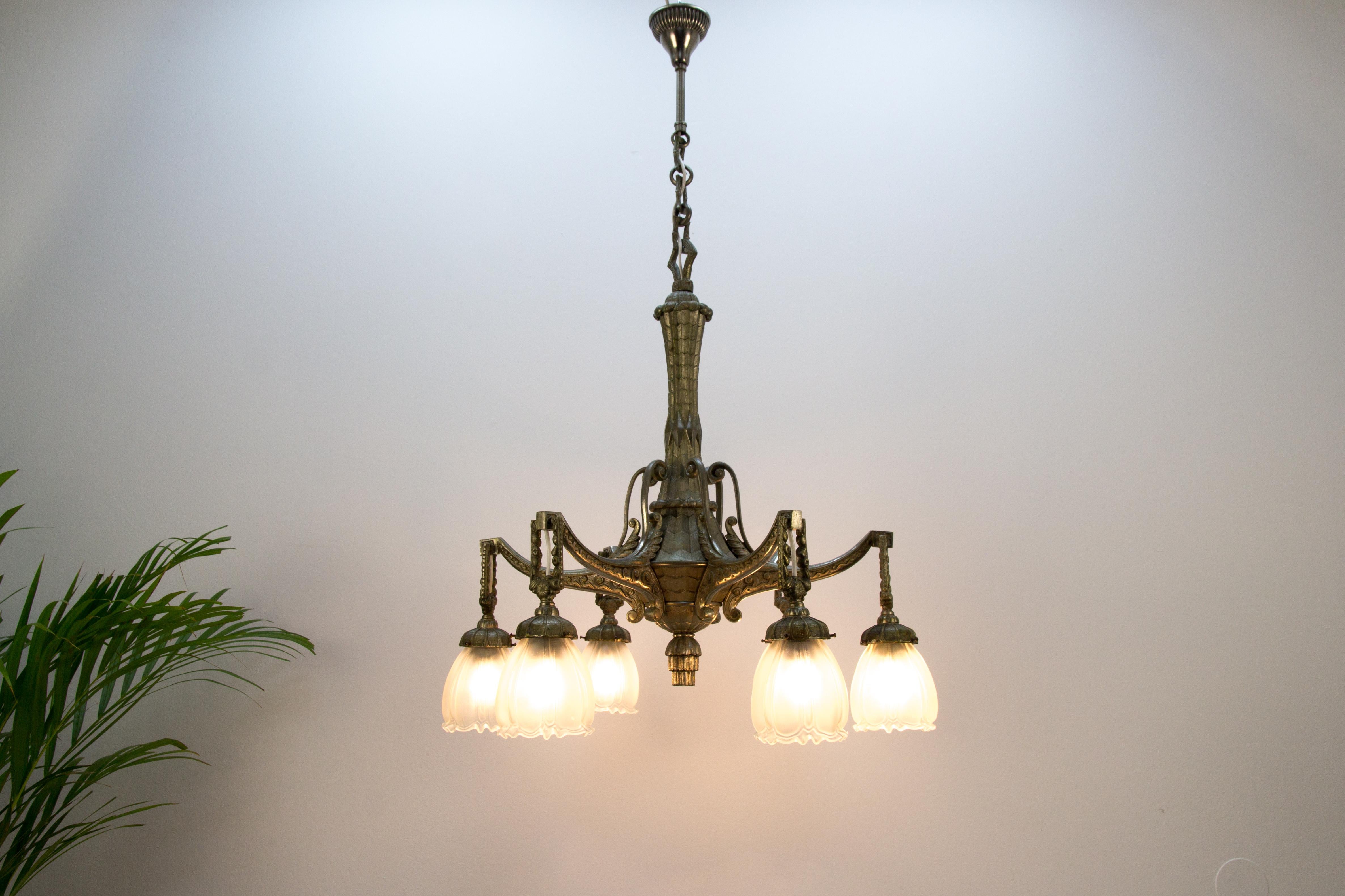 Art Deco Style Six-Light Bronze and Frosted Glass Chandelier, 1920s 15