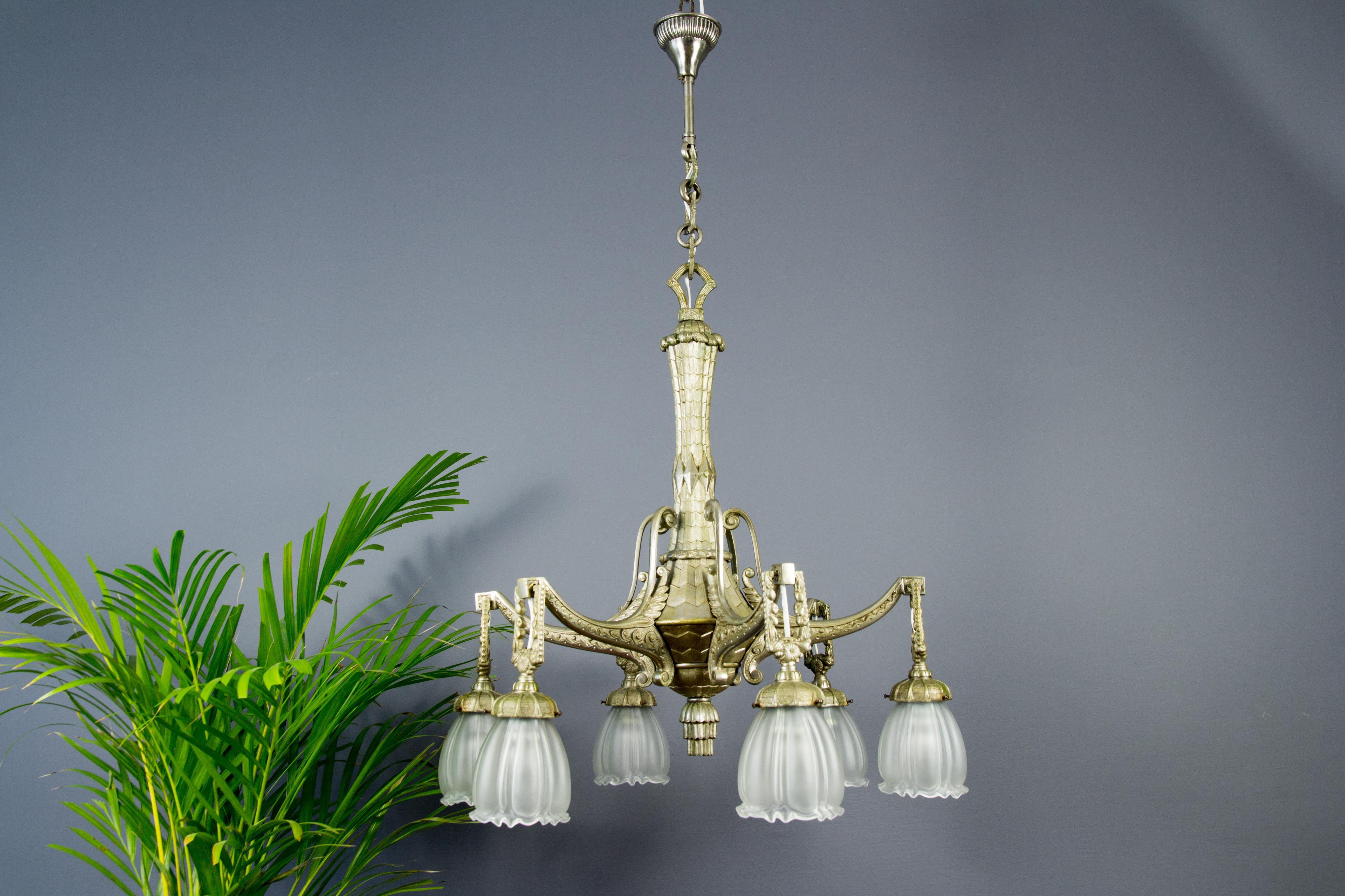 French Art Deco Style Six-Light Bronze and Frosted Glass Chandelier, 1920s