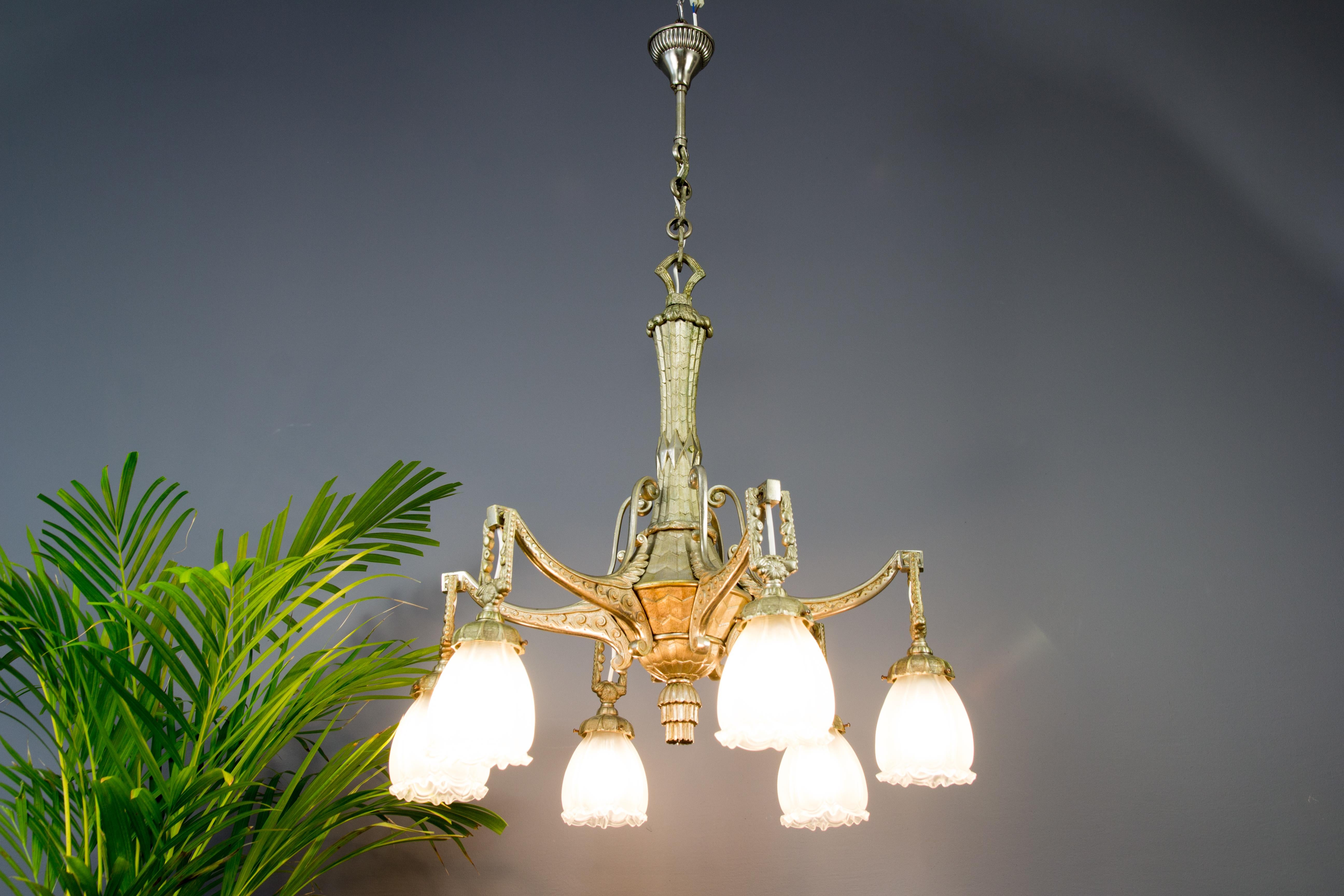 Art Deco Style Six-Light Bronze and Frosted Glass Chandelier, 1920s In Good Condition In Barntrup, DE