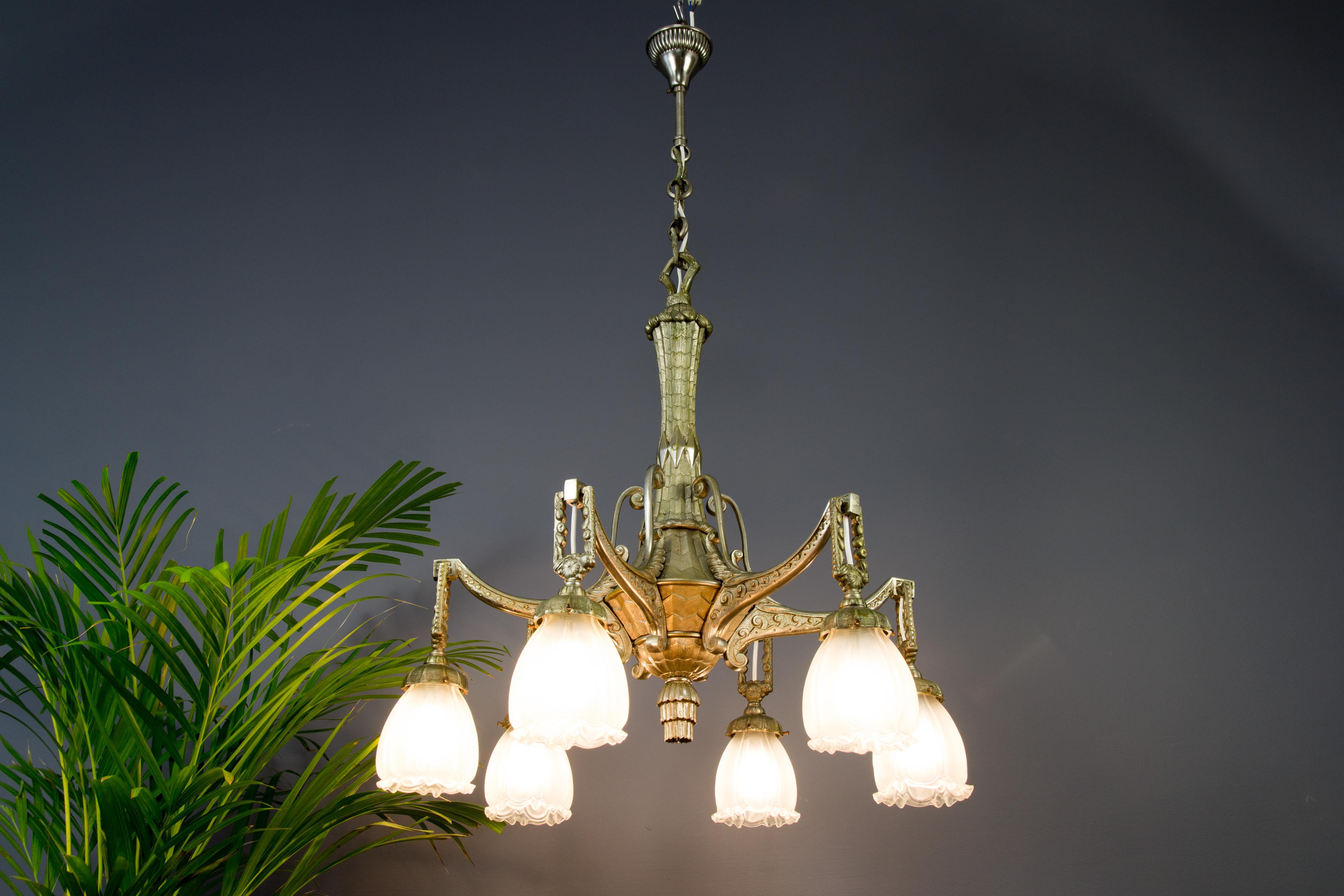 Early 20th Century Art Deco Style Six-Light Bronze and Frosted Glass Chandelier, 1920s