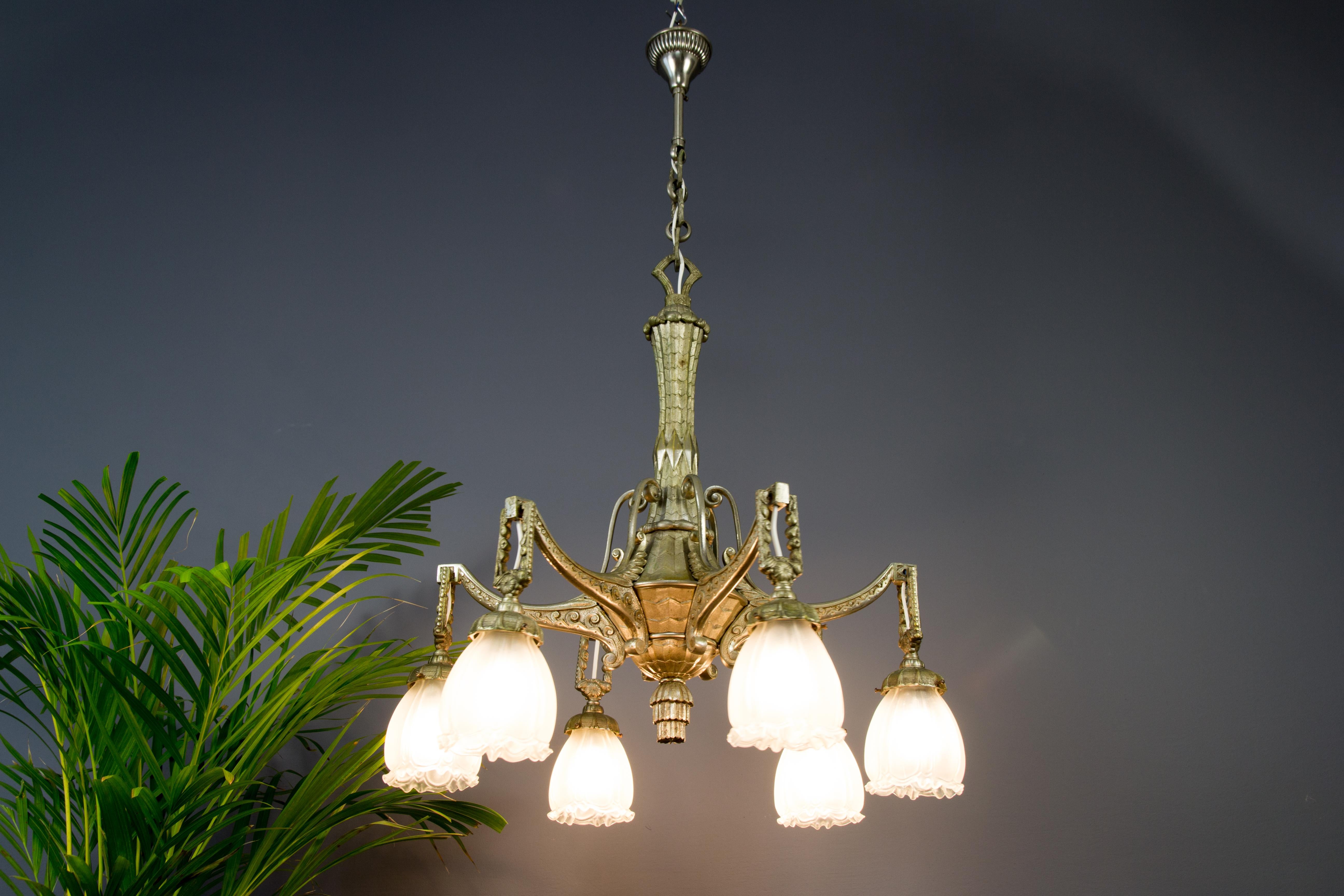 Art Deco Style Six-Light Bronze and Frosted Glass Chandelier, 1920s 1