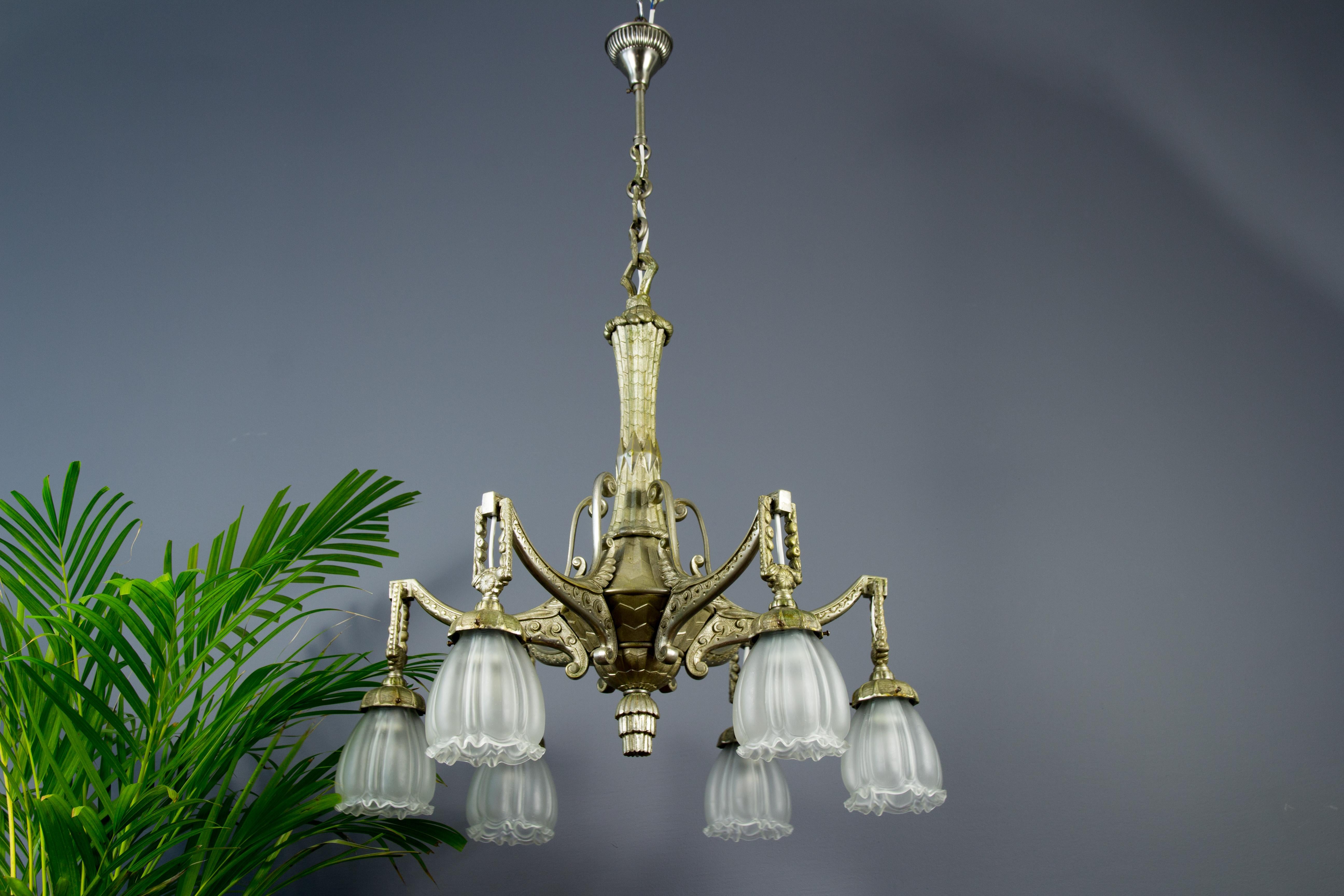 Art Deco Style Six-Light Bronze and Frosted Glass Chandelier, 1920s 2