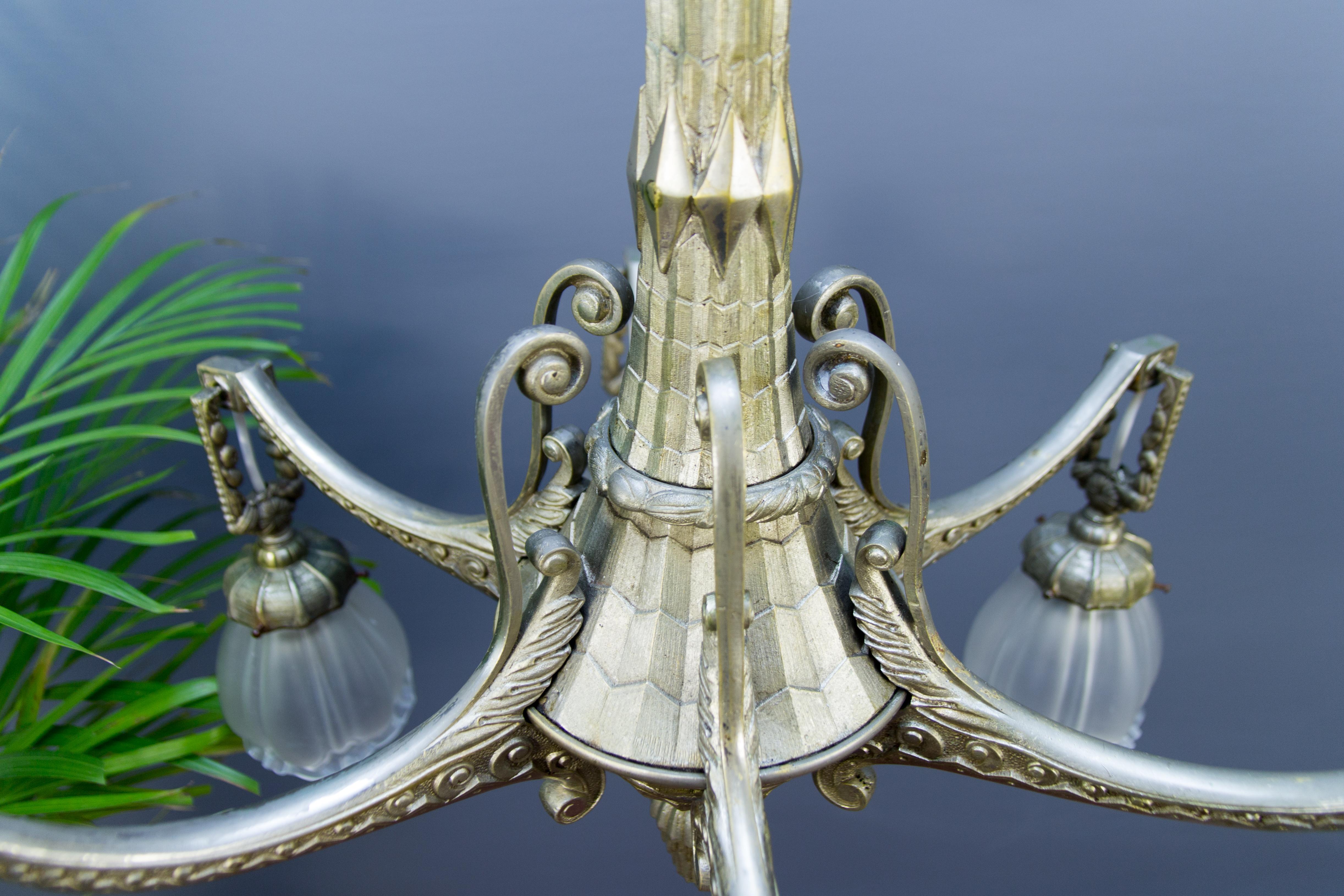 Art Deco Style Six-Light Bronze and Frosted Glass Chandelier, 1920s 3