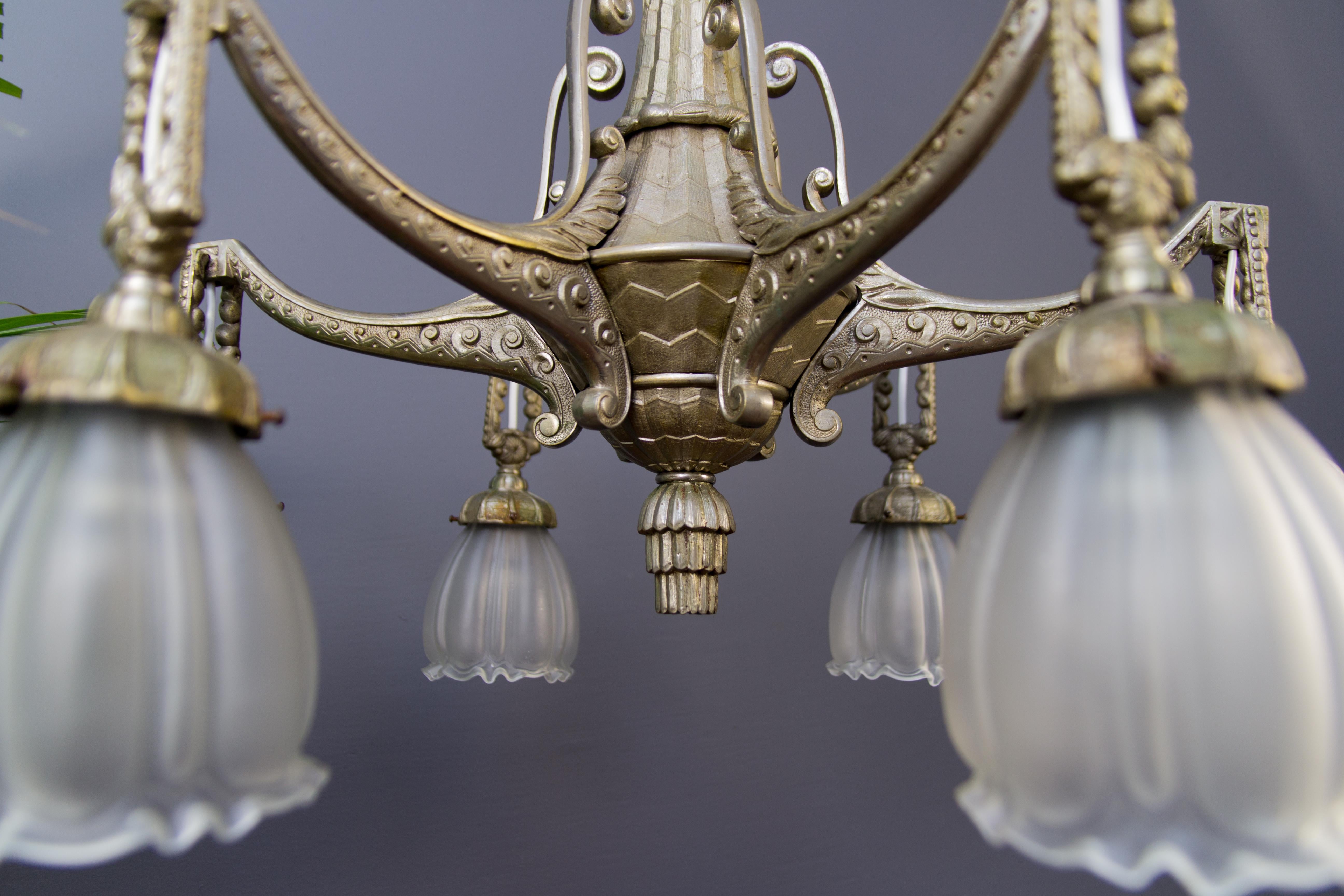 Art Deco Style Six-Light Bronze and Frosted Glass Chandelier, 1920s 4