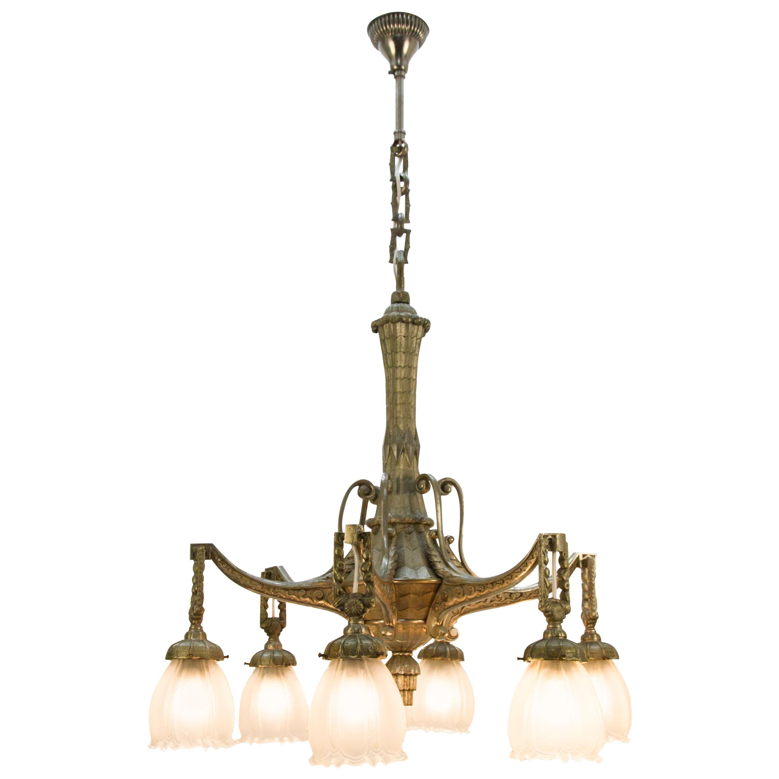 Art Deco Style Six-Light Bronze and Frosted Glass Chandelier, 1920s