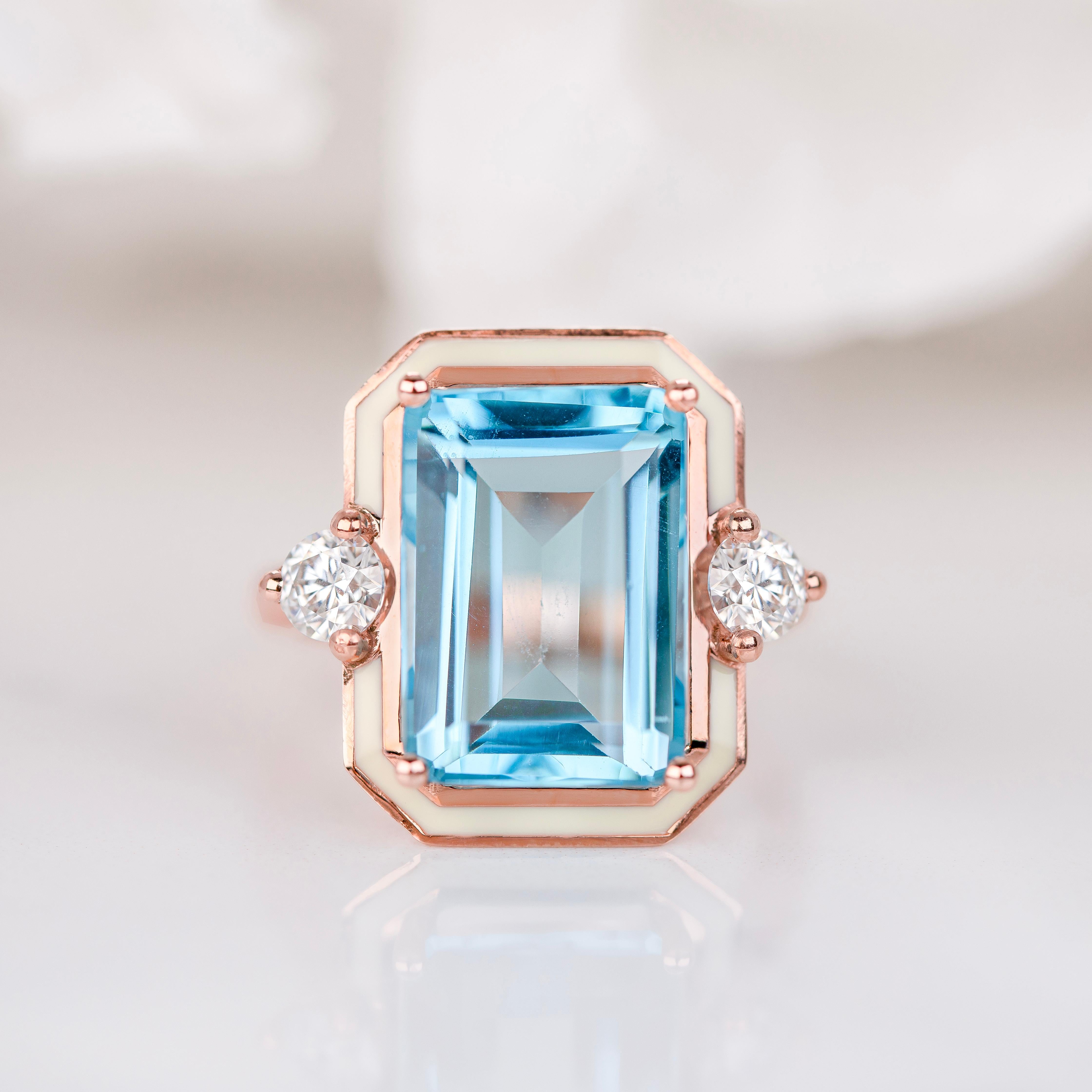 Emerald Cut 14k Solid Gold Cocktail Ring, Blue Topaz Ring, Art Deco Rings, Vintage Rings For Sale