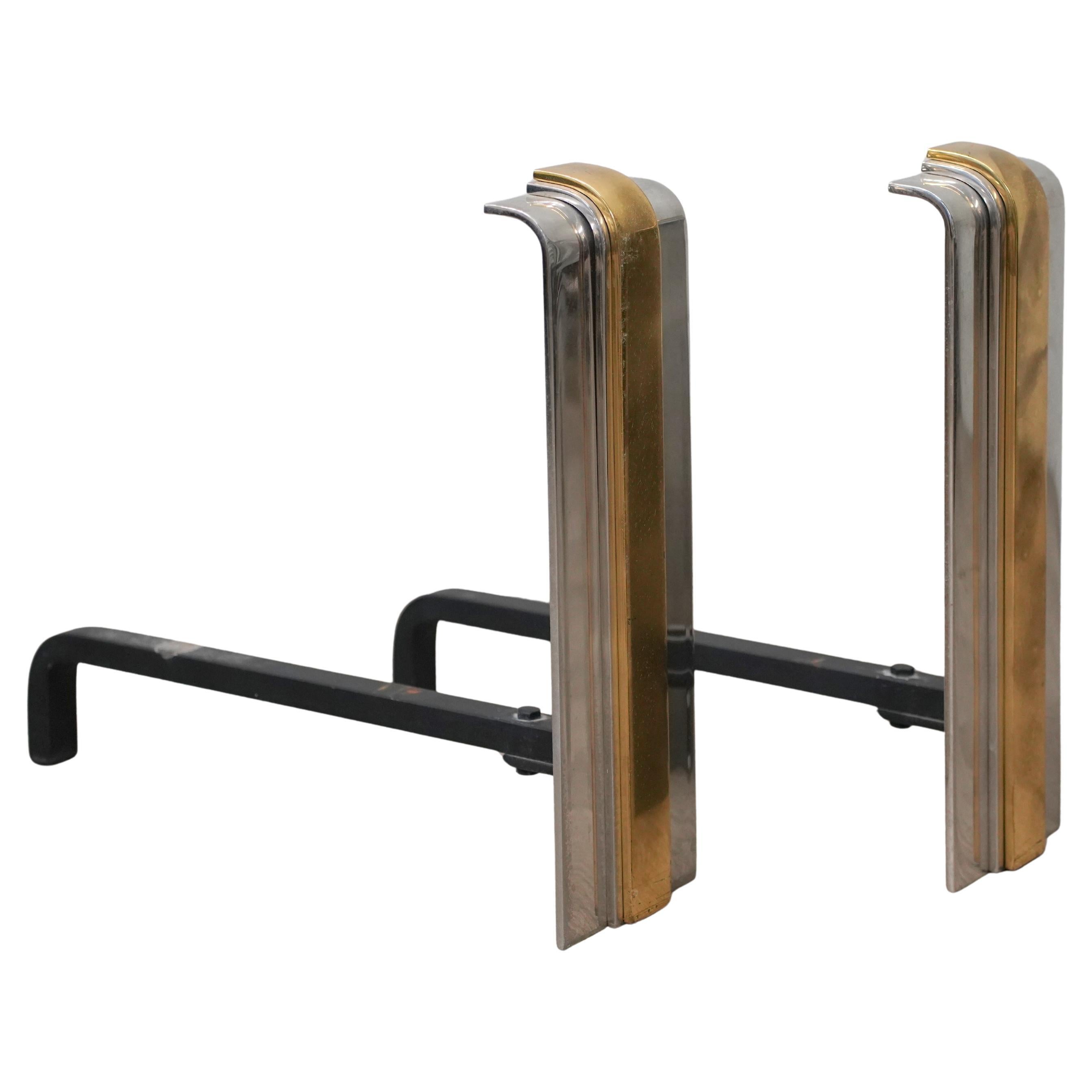 American Art Deco Style Skyscraper Brass and Polished Steel Andirons by Danny Alessandro For Sale