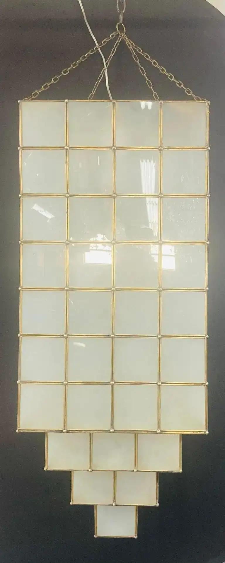 Art Deco Style Skyscraper White Milk Glass & Brass Chandelier or Pendant For Sale 9