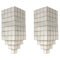 Art Deco Style Skyscraper White Milk Glass & Brass Chandelier or Pendant, Pair