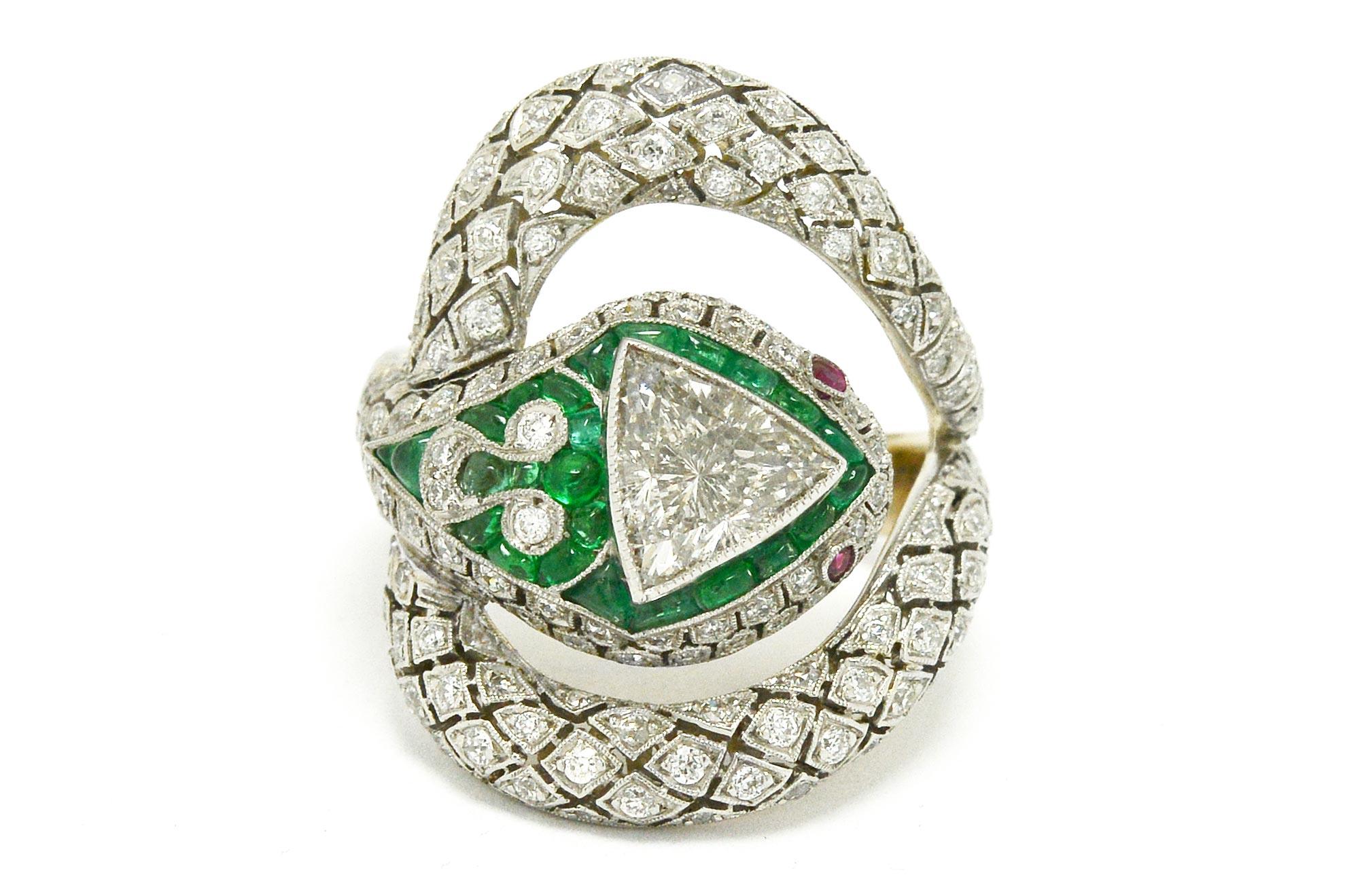 Women's Art Deco Style Snake Ring 1.17 Carat Trillion Diamond Emerald Ruby Egyptian