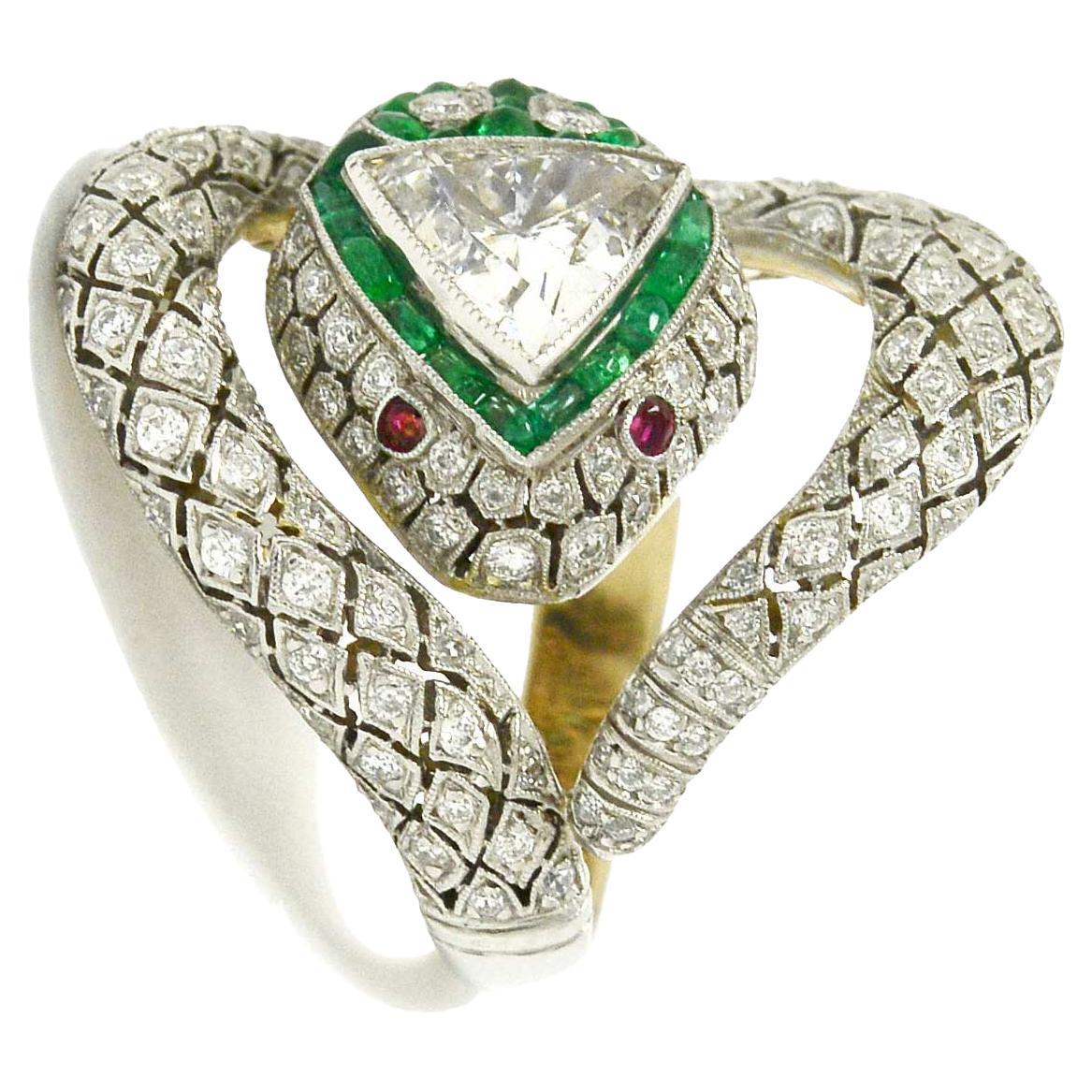 Art Deco Style Snake Ring 1.17 Carat Trillion Diamond Emerald Ruby Egyptian