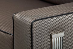 Art Deco Style Sofa with Leather Back and Polished Steel Details, Available Now