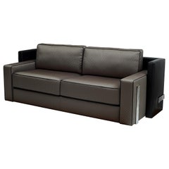 Art Deco Style Sofa with Leather Back and Polished Steel Details, Available Now