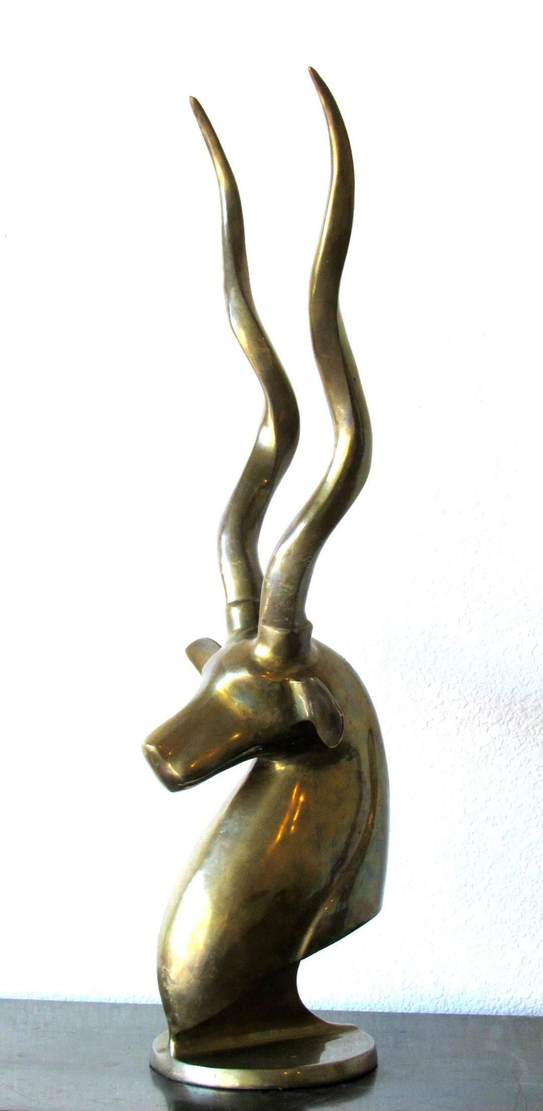 Art Deco Style Solid Brass Bust Sculpture of an African Gazelle, circa 1970s.  In excellent original conditon. 