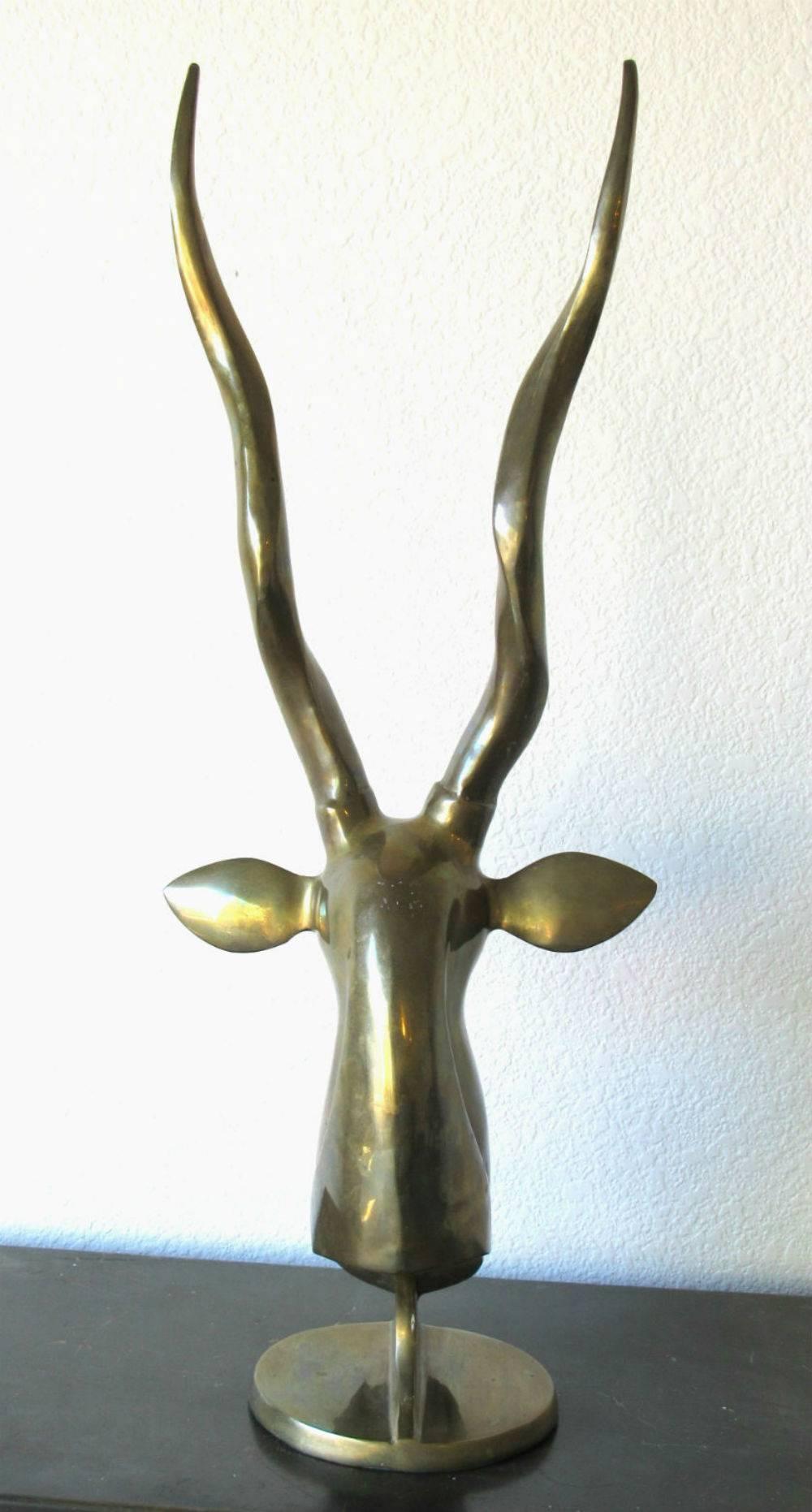 Art Deco Style Solid Brass Bust of an African Gazelle, circa 1970s In Good Condition In Surprise, AZ