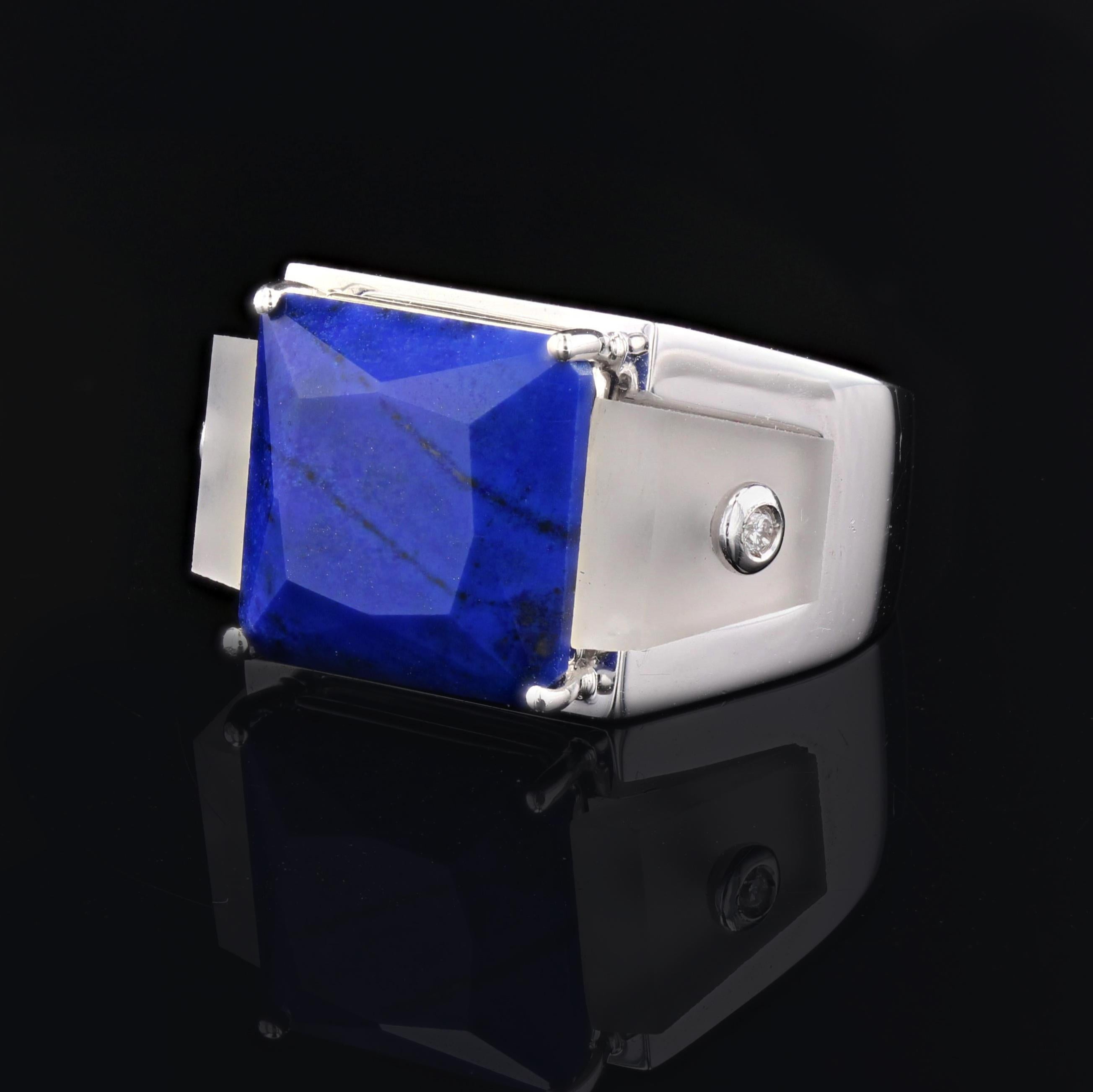 Brilliant Cut Art Deco Style Spirit Lapis Lazuli Rock Crystal Diamond Signet Ring For Sale