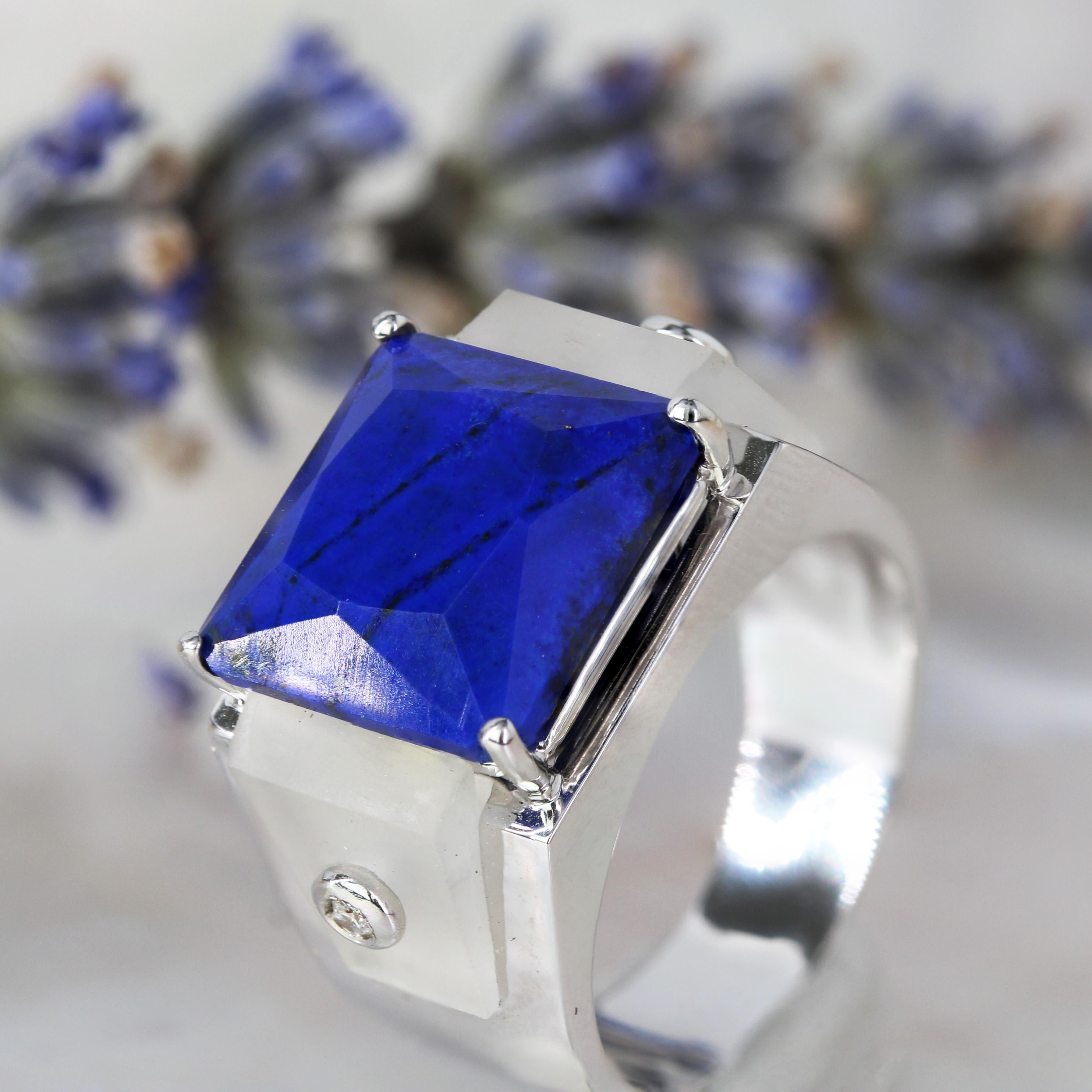 Art Deco Style Spirit Lapis Lazuli Rock Crystal Diamond Signet Ring For Sale 4