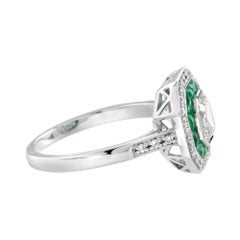 Art Deco Style Square Asscher Diamond & Emerald Engagement 18K White Gold Ring