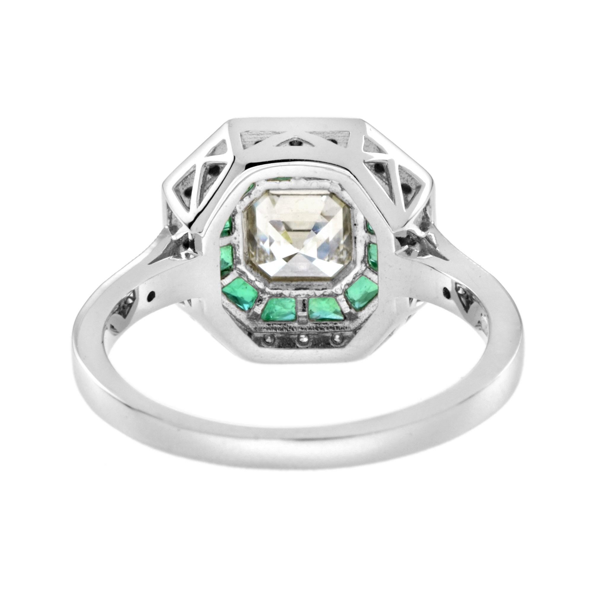 Art Deco Style Square Asscher Diamond & Emerald Engagement 18K White Gold Ring (Art déco) im Angebot