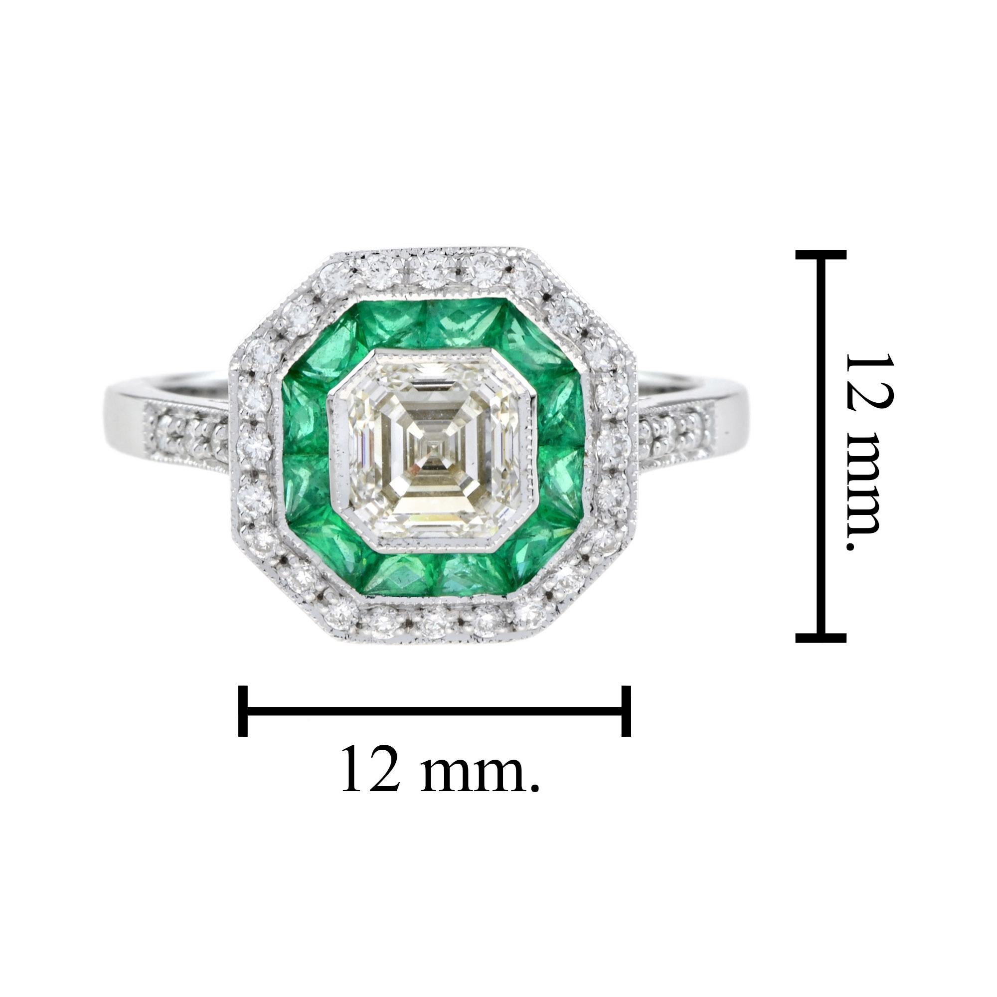 Art Deco Style Square Asscher Diamond & Emerald Engagement 18K White Gold Ring im Angebot 2