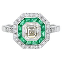 Art Deco Style Square Asscher Diamond & Emerald Engagement 18K White Gold Ring