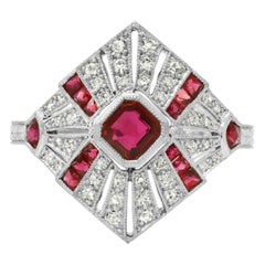Art Deco Style Square Cut 0.58 CT Ruby Diamond 1.14 TCW Platinum Engagement Ring
