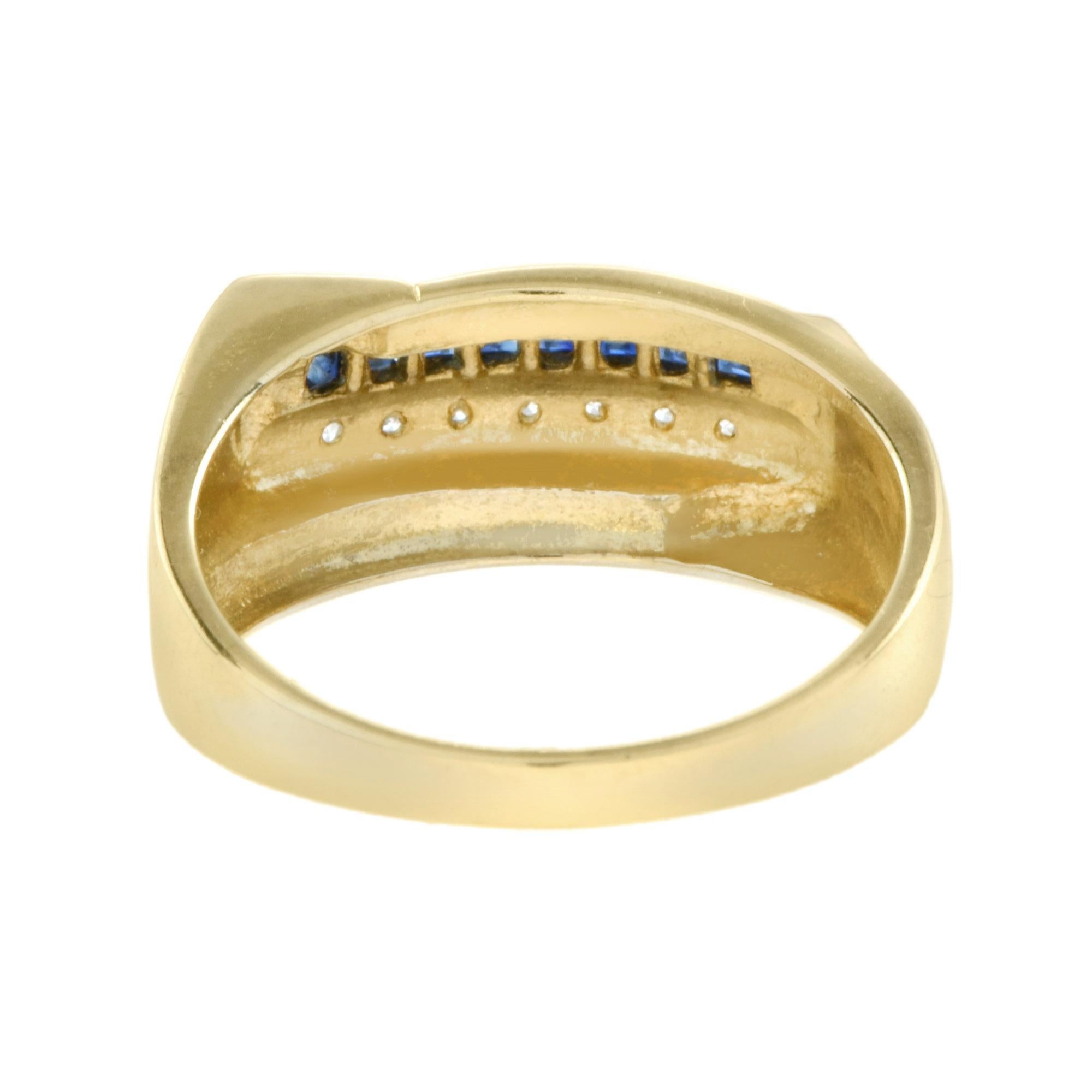Art Deco Style Square Cut Blue Sapphire and Diamond Men Ring in 18K Yellow Gold 5