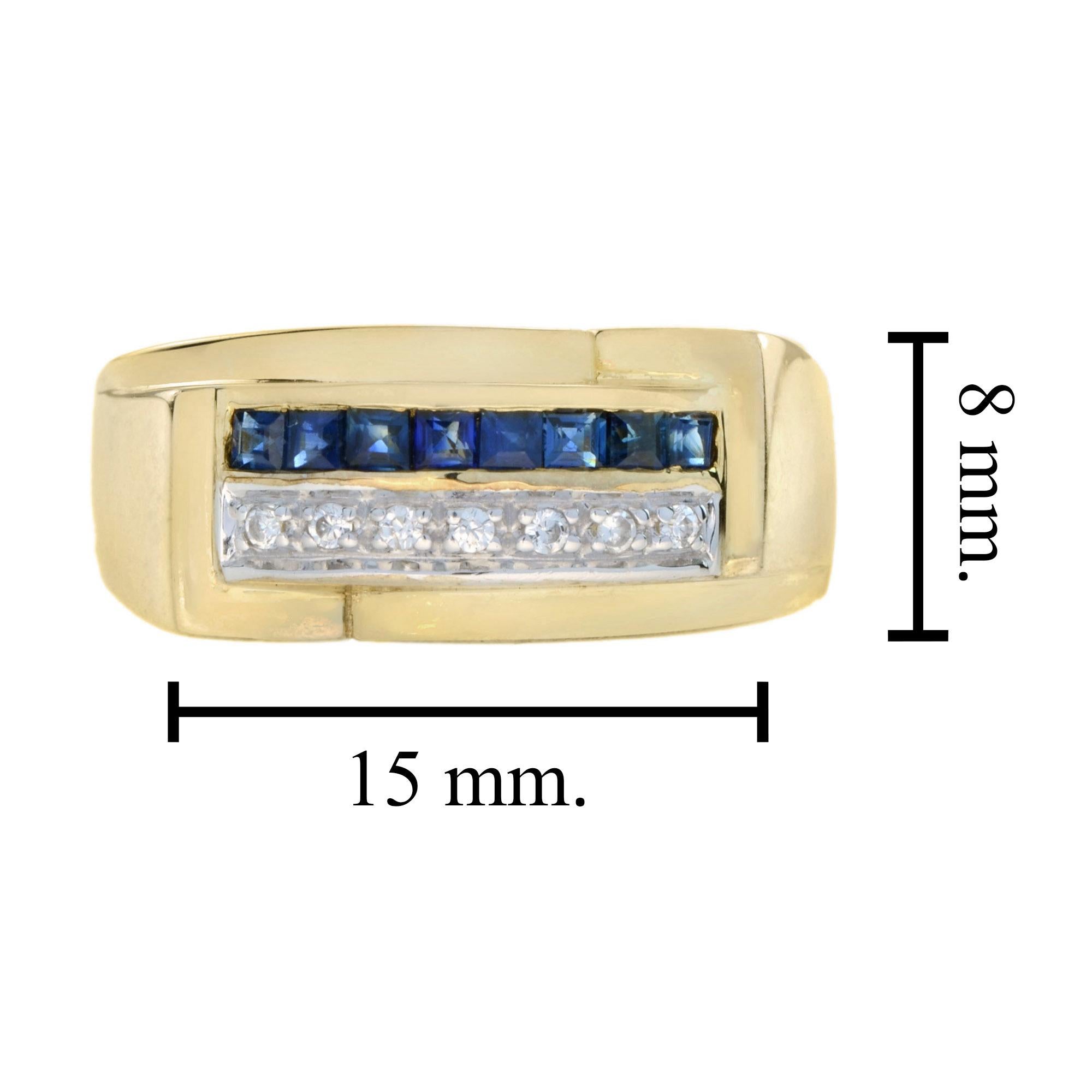 Art Deco Style Square Cut Blue Sapphire and Diamond Men Ring in 18K Yellow Gold 7