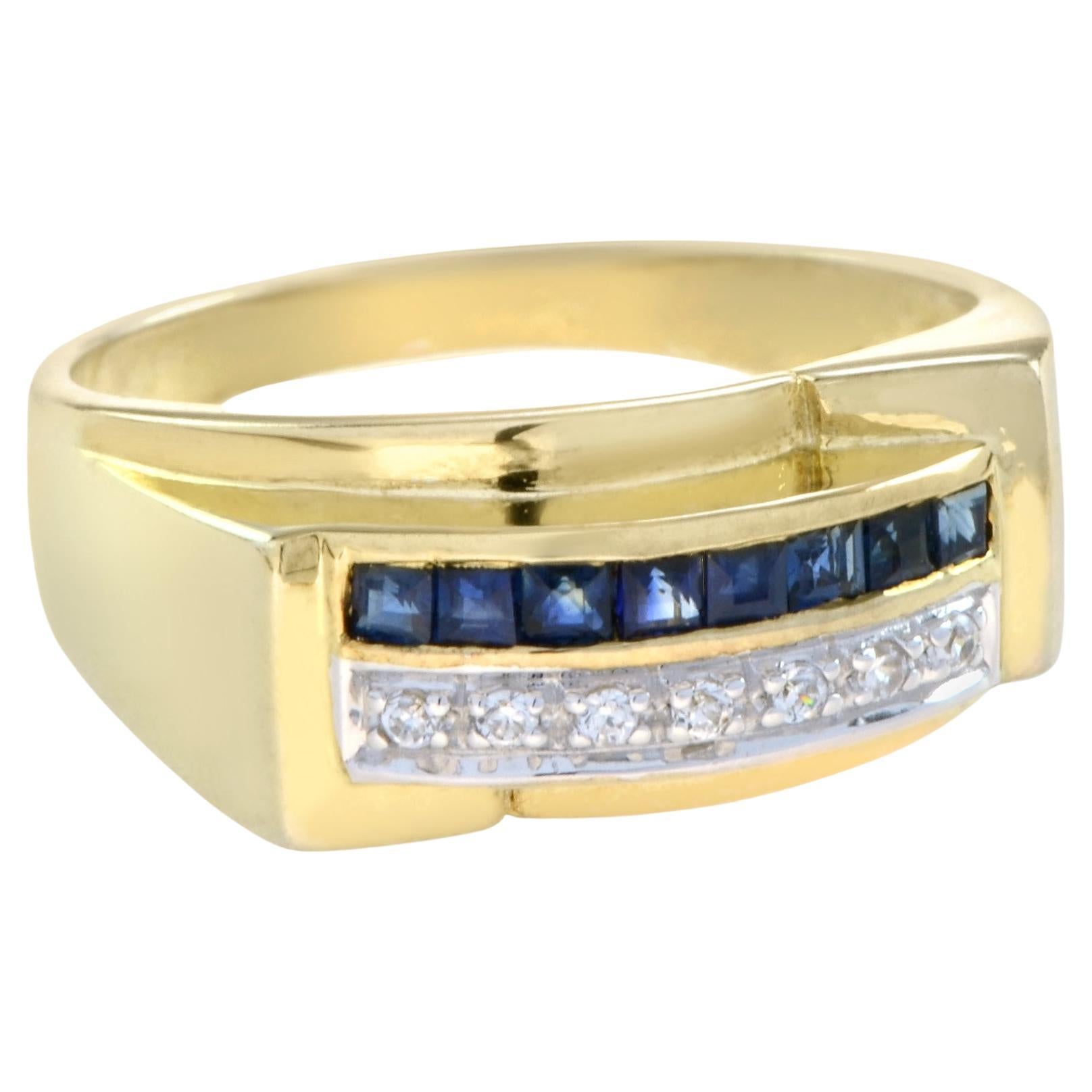 Bague pour homme de style Art déco en or jaune 18 carats avec saphir bleu taille carrée et diamants