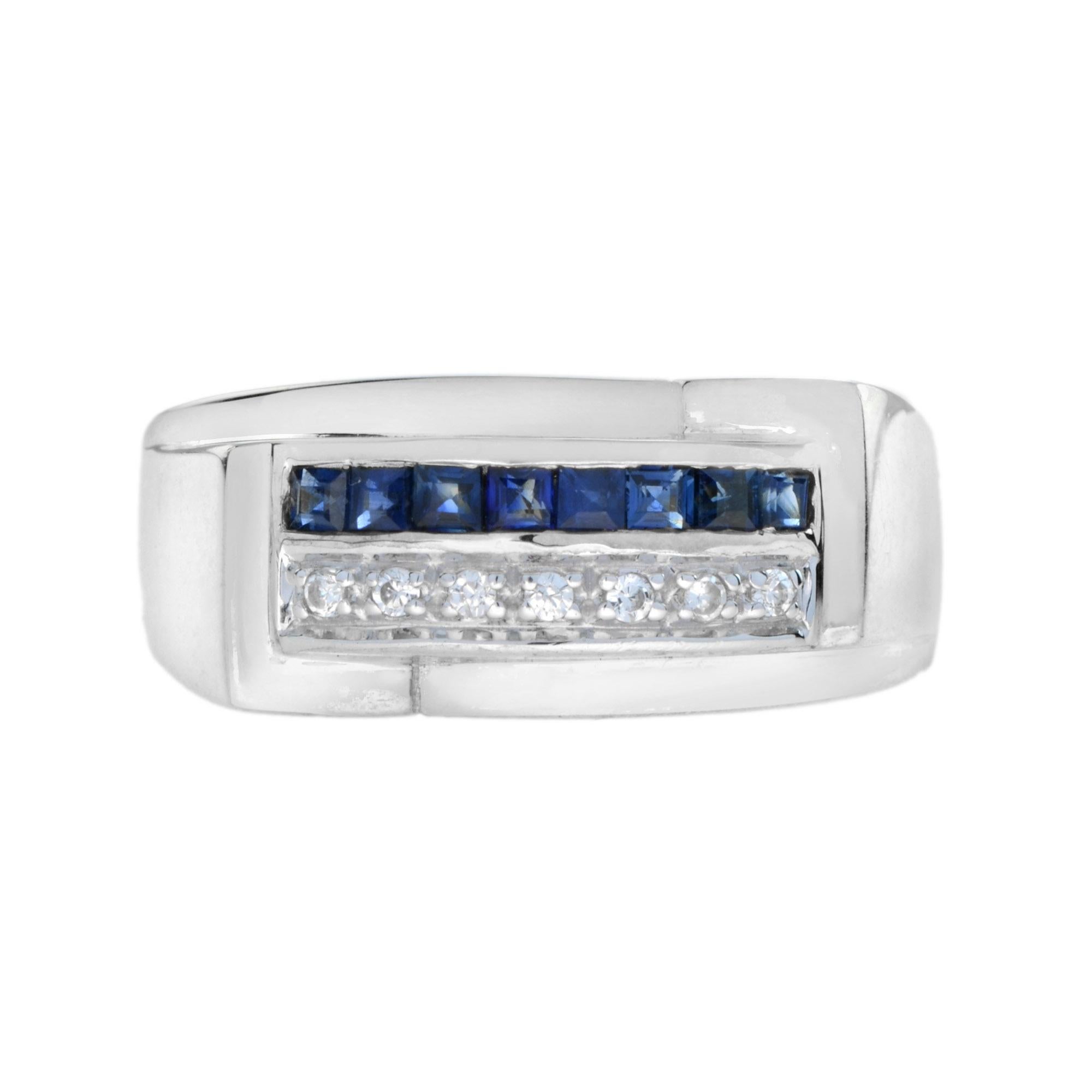 A classic men ring set in 18k yellow gold. A total of 7 round cut diamonds in H color and SI clarity. Beautiful 8 natural blue sapphires channel set to contrast against the diamonds. Finished in high poshed yellow gold and white rhodium plated on